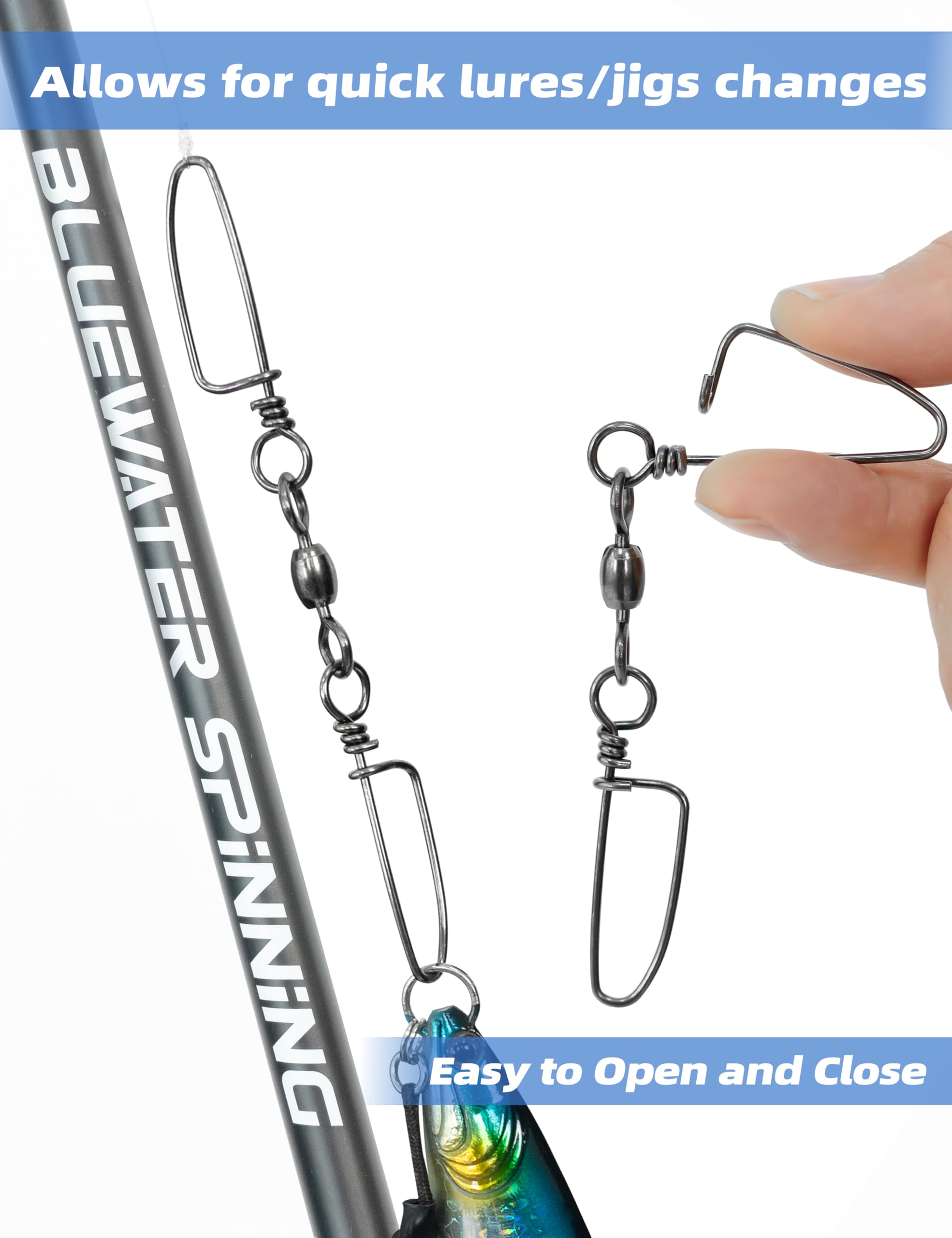 BLUEWING Doble broche giratorio de 200 libras de acero inoxidable Coastlock Snaps de pesca giratorios de alta resistencia para agua salada barril giratorio conector de aparejos de pesca, 10 piezas