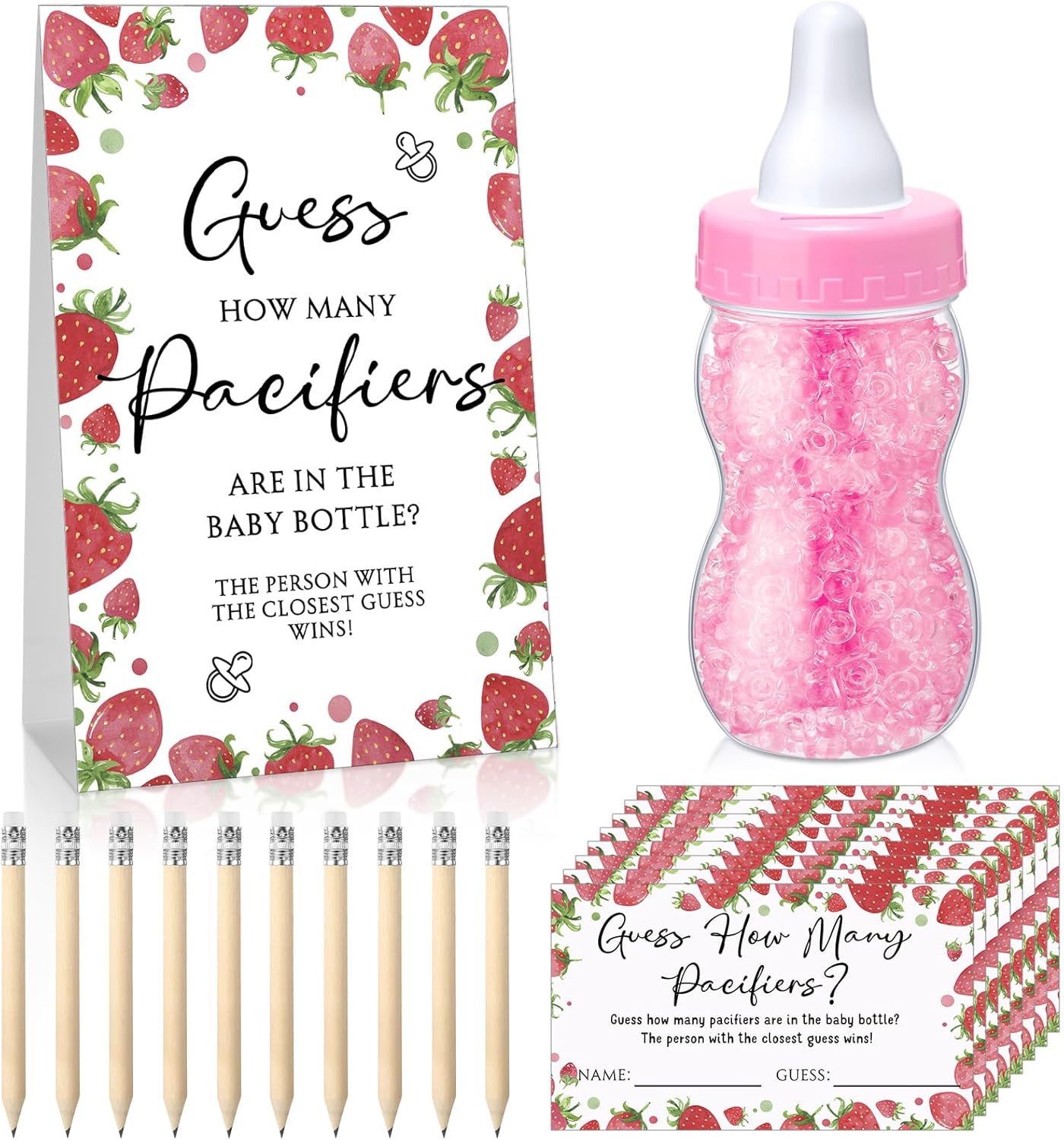 Roowest 512 Pcs Baby Shower Games Guess How Many Pacifiers Sign 100 Small Guessing Games 10 HB Pencils 750ml Milk Bottle 400 Acrylic Pacifiers Decoration for Guest Gender Reveal(Pink,Flower)