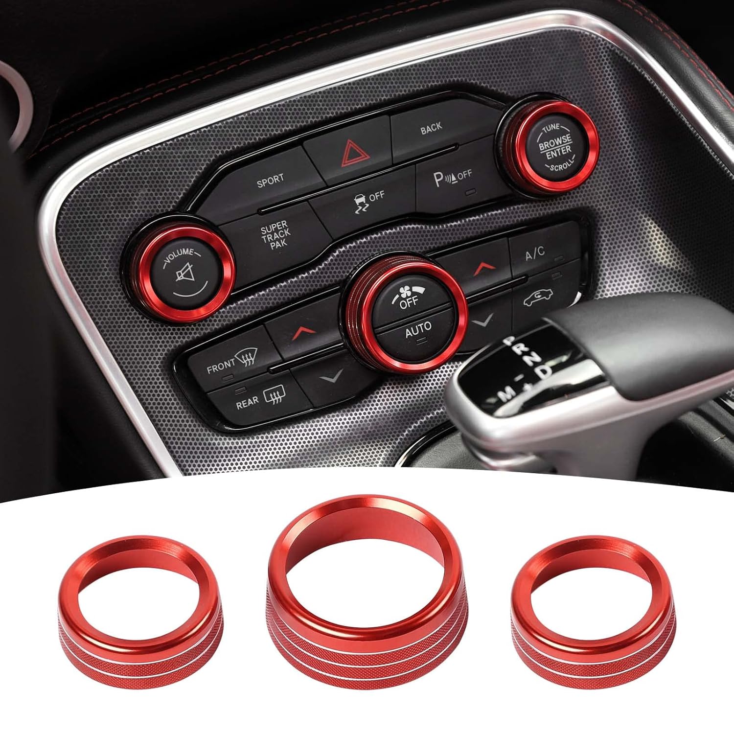 AC Volume Switch Knob Trim Ring Compatible with Dodge Charger 2011+/Challenger 2015+/RAM 2012-2017/Durango 2016-2022/Chrysler 300C 2011+, Aluminum Alloy Interior Accessories 3pcs, Red