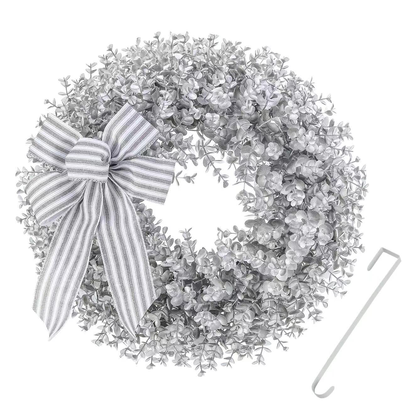Couronne de Noël en buis de 45,7 cm avec nœuds et suspension de porte, convient pour porte d'entrée, salon, cheminée, fenêtre, ferme et couloir (argent)