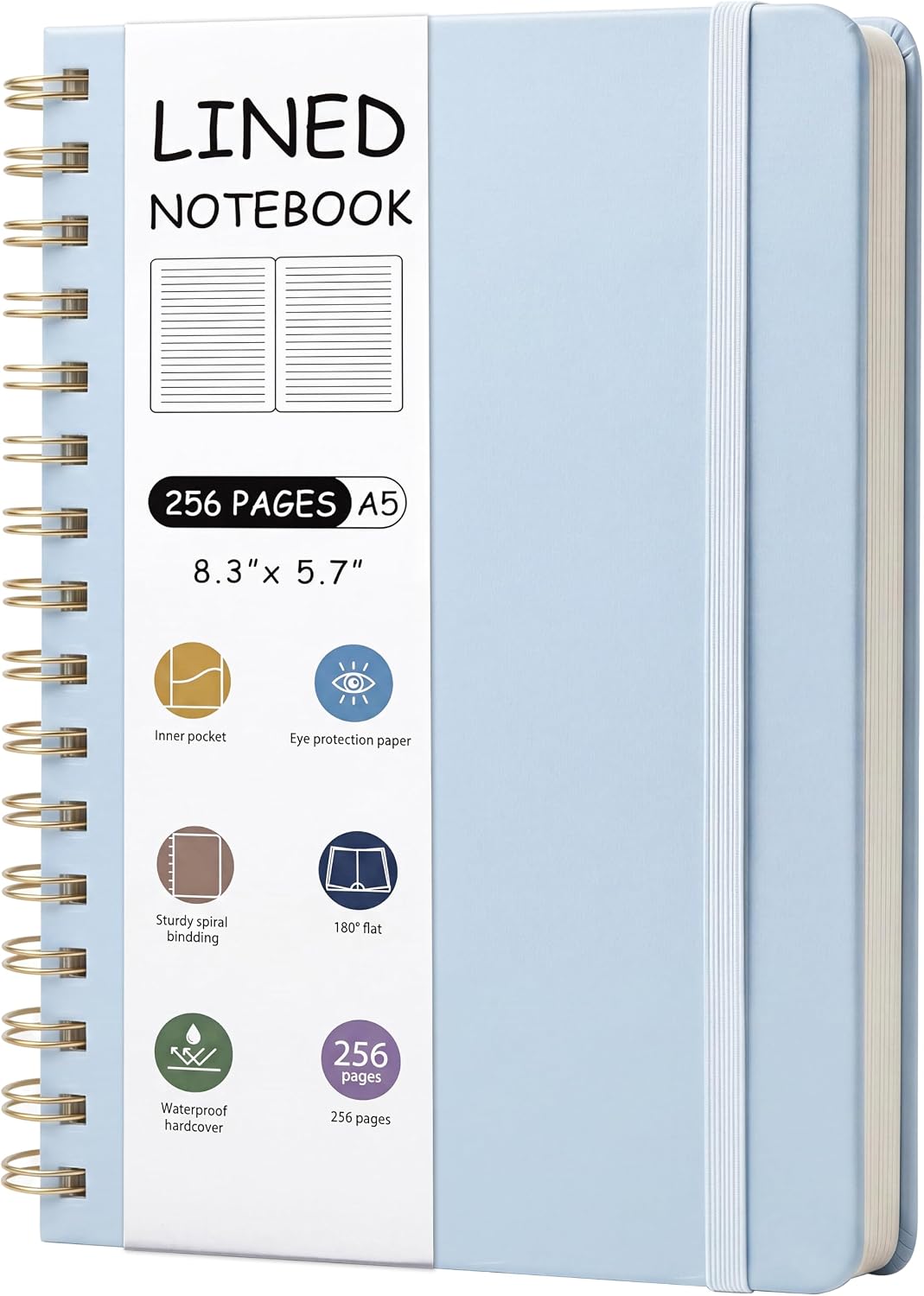 EOOUT Lined Spiral Notebook Journal, 128 Sheets 256 Pages, 5.7 x 8.3 Inches, Thick Hardcover Notebook for Women Work School Note Taking, Airy Blue