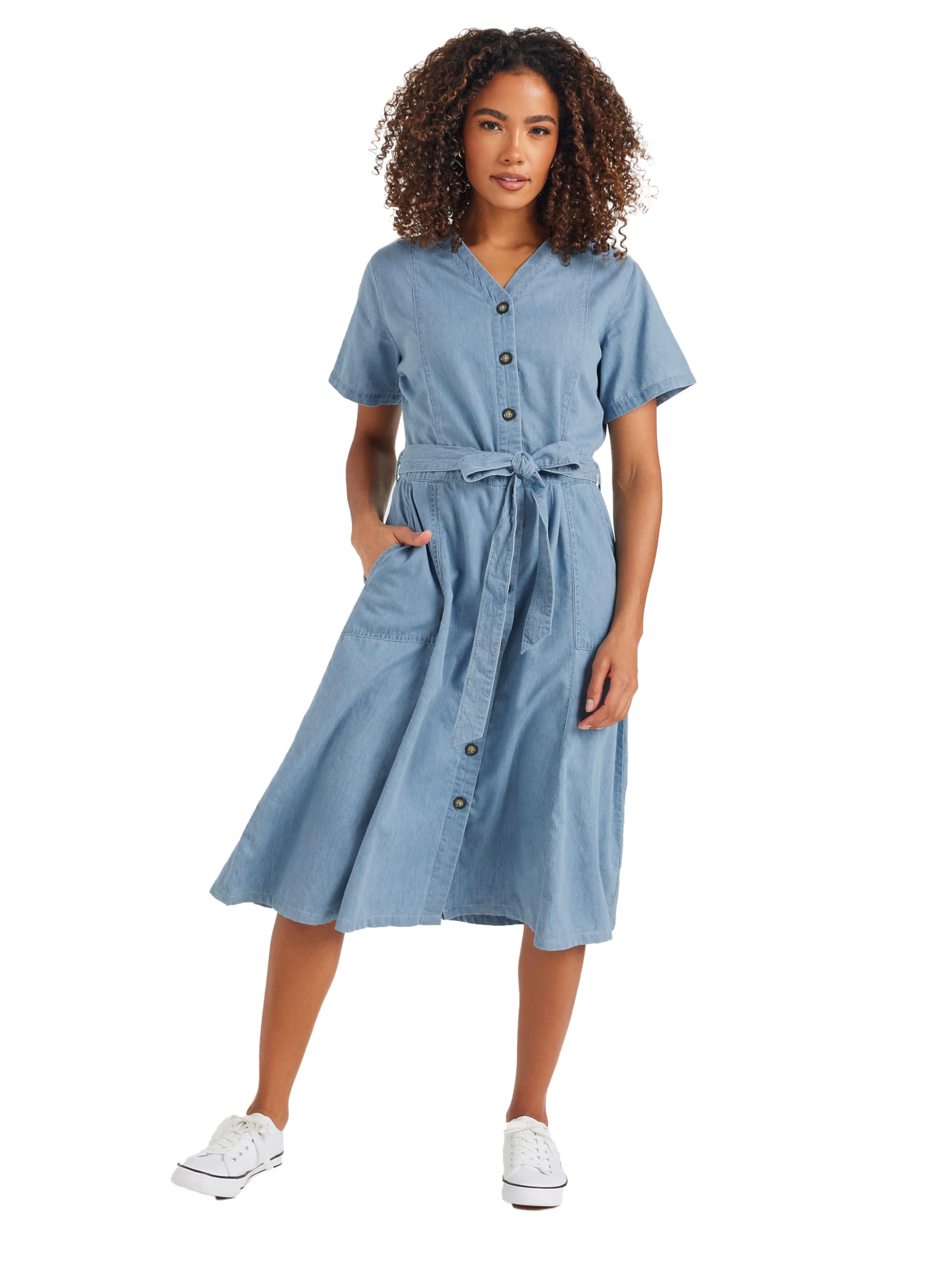 M&Co Women's Denim Tie Waist Shirt Dress in Blue | Size: 12