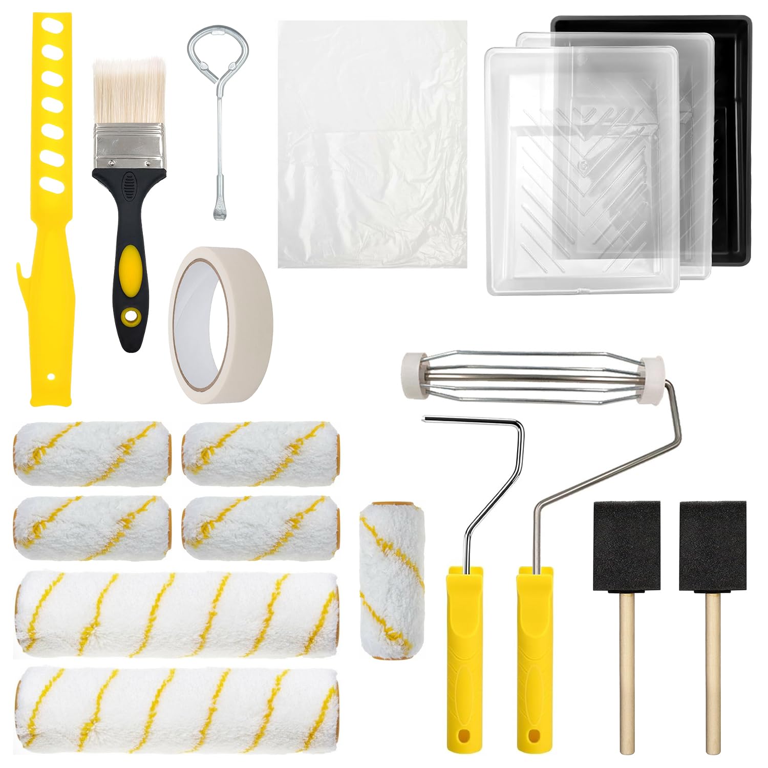 19 Piezas Rodillo Pintura Juego, Plástico de Ingeniería + Material de Poliéster, con 9 Pulgadas y 4 Pulgadas Rodillo Pintura Pared, la Decoración Interior y Exterior de la Casa (Blanco + Amarillo)