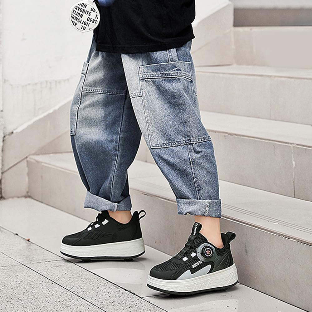 Hixingo Chaussure a Roulette pour Fille Garçons, Chaussures a roulettes avec Roues Chaussures de Skateboard, Patins à roulettes Lacet Revolve Basket à roulettes Noir Gris