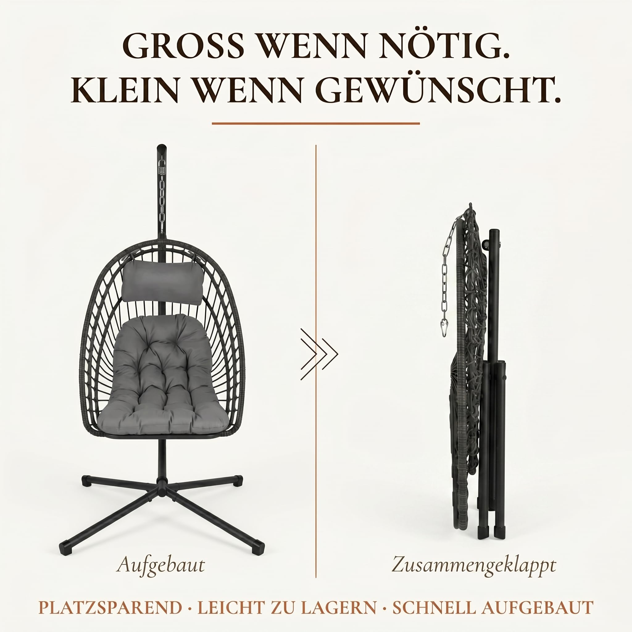 ONBEST Hängesessel mit Gestell – 360° Hängestuhl, Grau | Klappbarer Hängekorb mit Polster, Schutzhülle und 130 kg Belastbarkeit – für Garten, Balkon, Wohnzimmer, Outdoor & Indoor