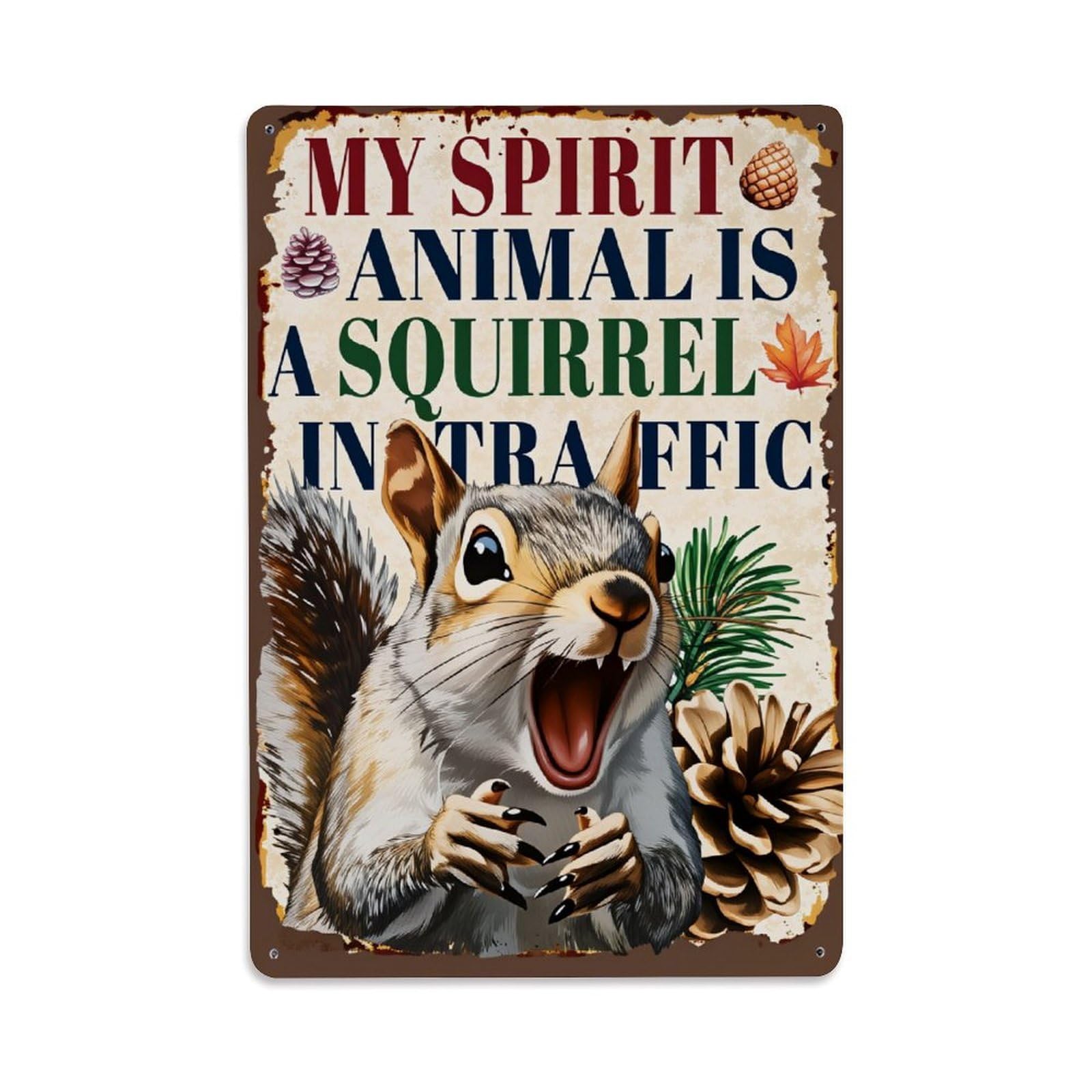 Squirrel In Traffic Pattern Print Tin Sign Vintage Metal Poster, Home Bar Garage Man Cave Cafe Indoor & Outdoor Wall Decoration 8x12Inches