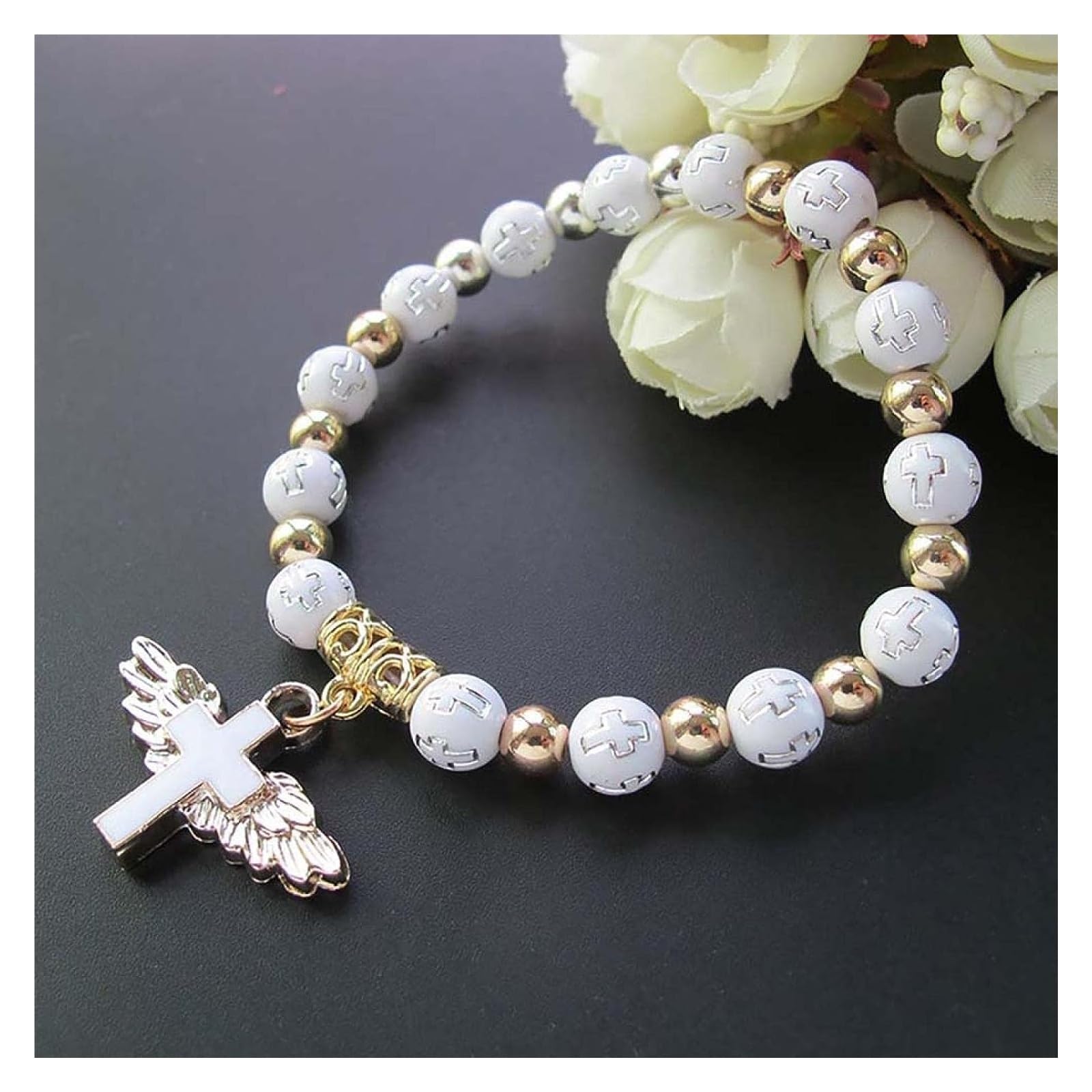 Bracciali Bracciali Donna Lady Girls Gift Bracciale con Pendente a Forma di Ala d'Angelo for Uomo Catena di Perline Accessori Moda Souvenir Regali Perline(Blanc)