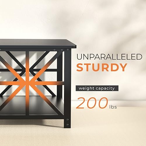 Miniatura 14 de GreenForest Mesa auxiliar con esquina redonda, mesa central de granja con estante de almacenamiento de 2 niveles, diseño de marco en X para sala de