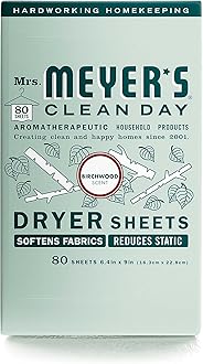 MRS. MEYER'S CLEAN DAY Dryer Sheets, Fabric Softener, Reduces Static, Infused with Essential Oils, Birchwood, 80 Count