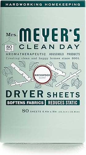 MRS. MEYER'S CLEAN DAY Hojas para secadora, suavizante de telas, reduce la estática, infundida con aceites esenciales, madera de abedul, 80 unidades