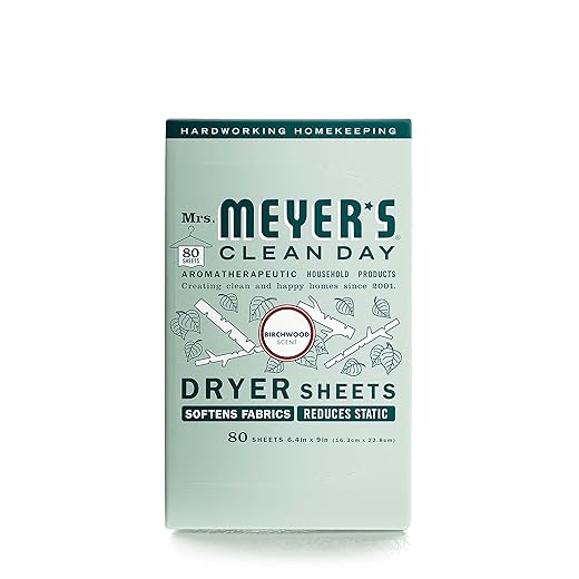 MRS. MEYER'S CLEAN DAY Dryer Sheets, Fabric Softener, Reduces Static, Infused with Essential Oils, Birchwood, 80 Count