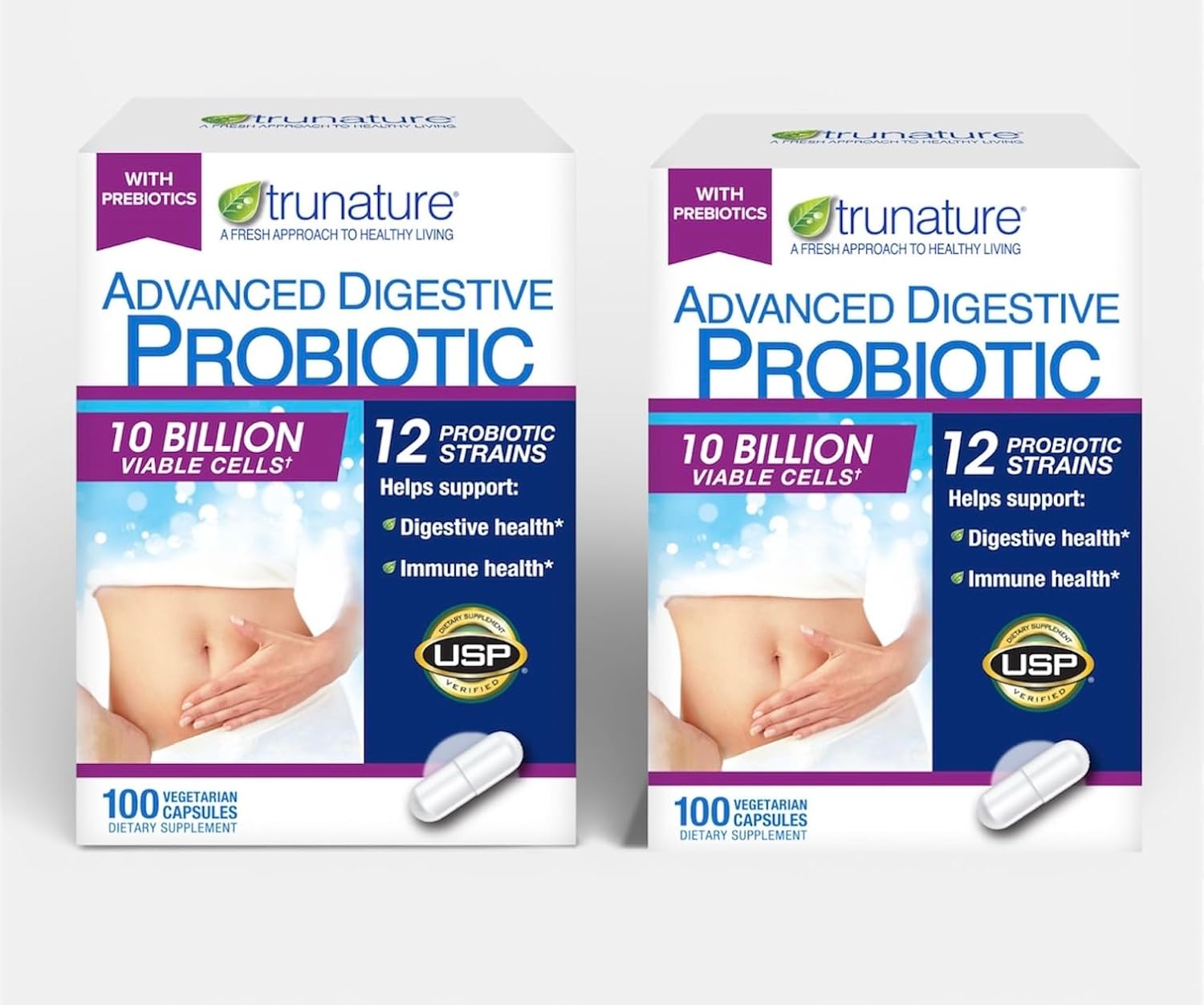 TRU Natures Advanced Digestive Probiotic, 10 Billion Viable Cells, 12 Strains, 100 Vegetarian Capsules;2packs-Sold by RCB Supplies