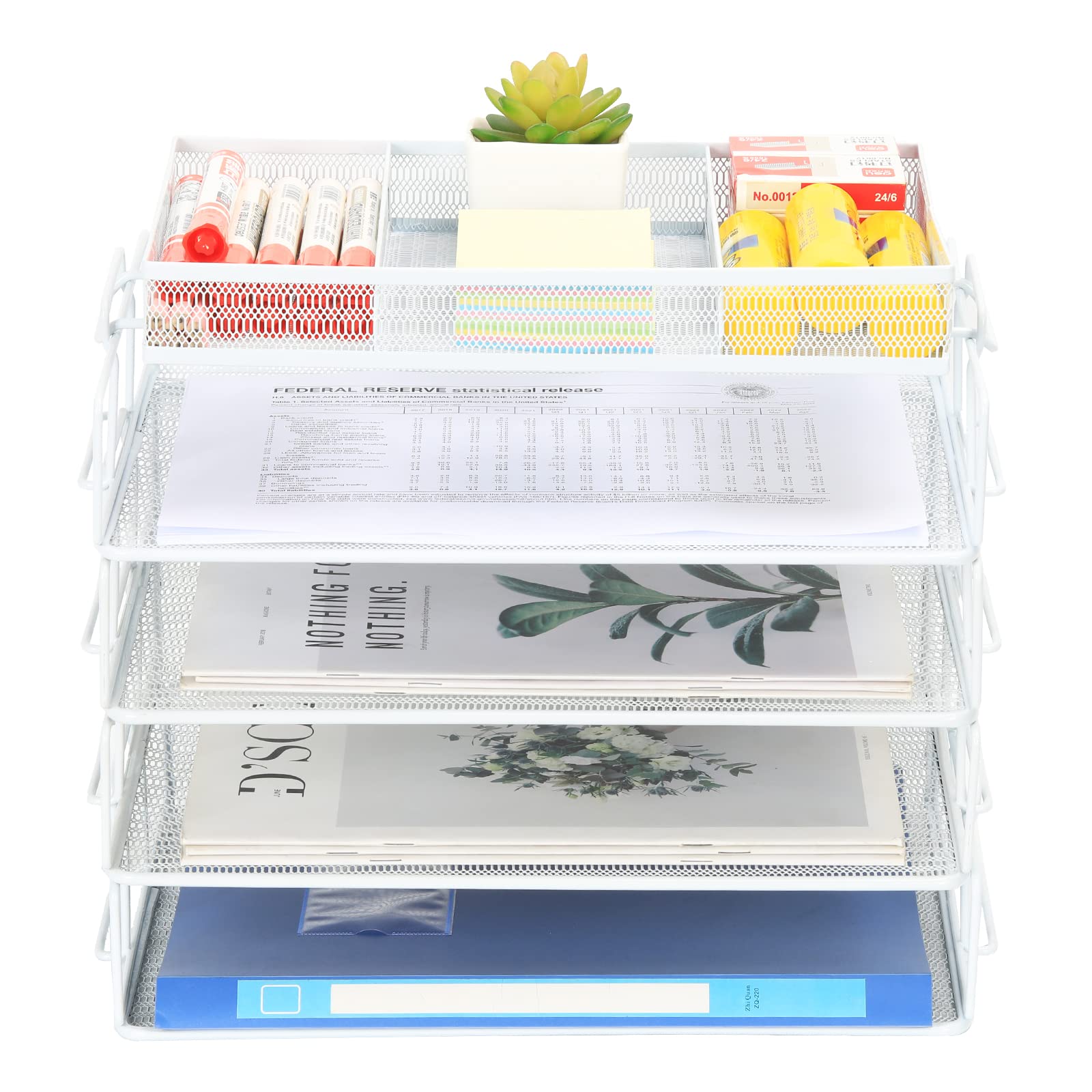 EasyPAG Portadocumenti da Scrivania A4 5 Compartimenti Metallo Rete,Organizzatore da Ufficio,Vassoio per Lettere,Organizer Scrivania,Ripiano Portacorrispondenza per Casa & Scuola,Bianco