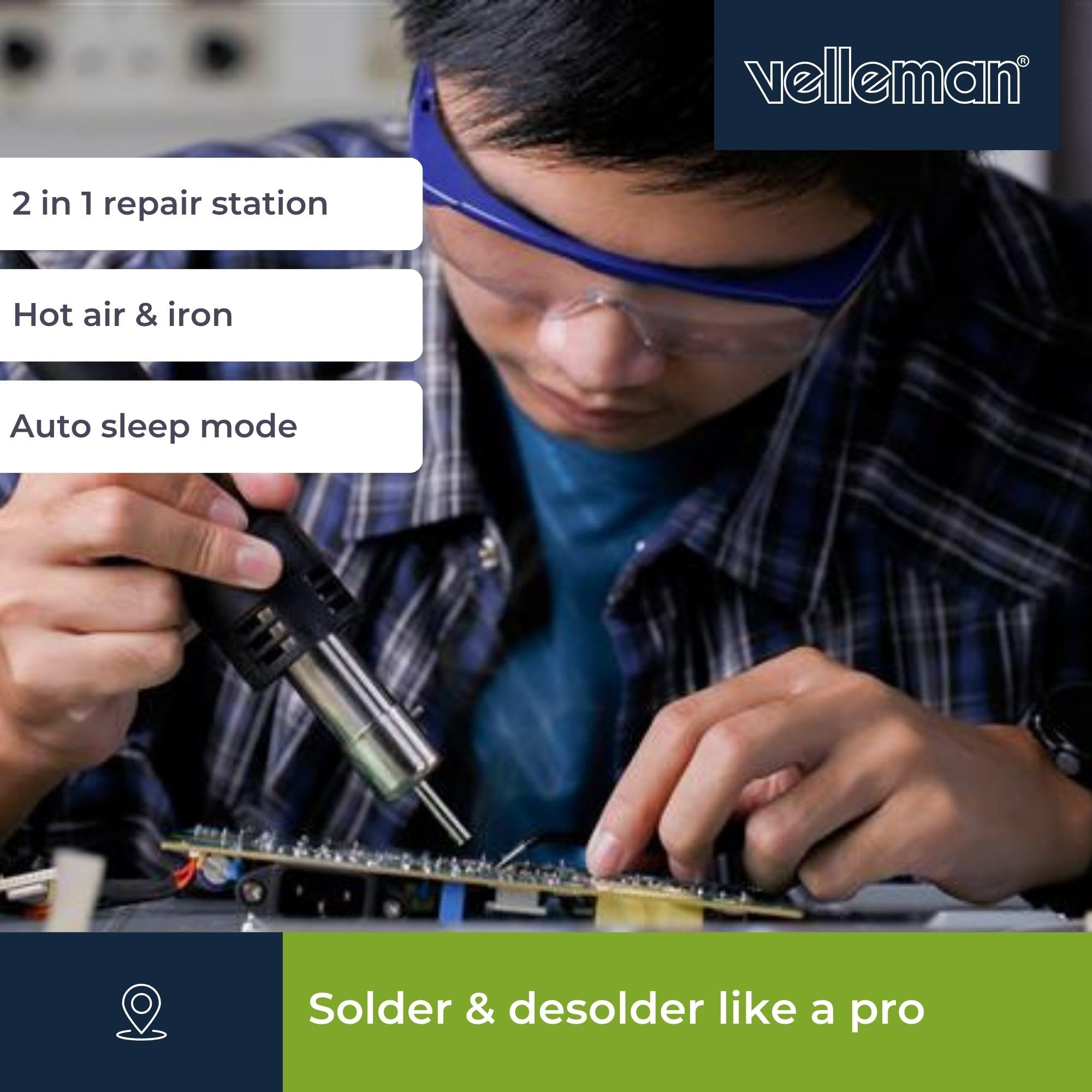 Velleman Stazione di saldatura 2-in-1 multifunzione con saldatore da 60W e pistola ad aria calda da 300W, controllo temperatura a microprocessore, ideale per SMD, PCB ed elettronica