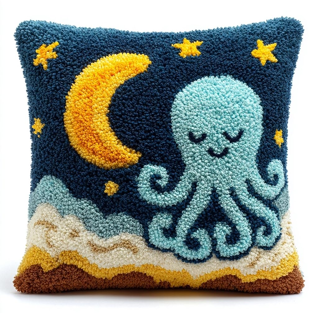 Taxpy Animal Latch Hook Kit Cushion,Octopus and Moon,17X17Inch Pre-Printed DIY Pillow Materials Hooks Knitted Embroidered Pillow Embroidery Latch Hook Carpet for Adults