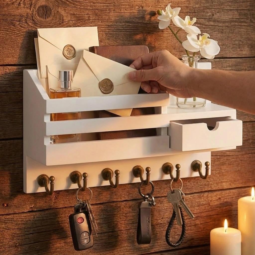 Portachiavi da Parete Ripiano E Cassetto,ripiano a Parete per Organizzare Le Chiavi, Portachiavi in Legno con 6 Ganci,per Ingresso, Corridoio, Soggiorno O Ufficio – Bianco