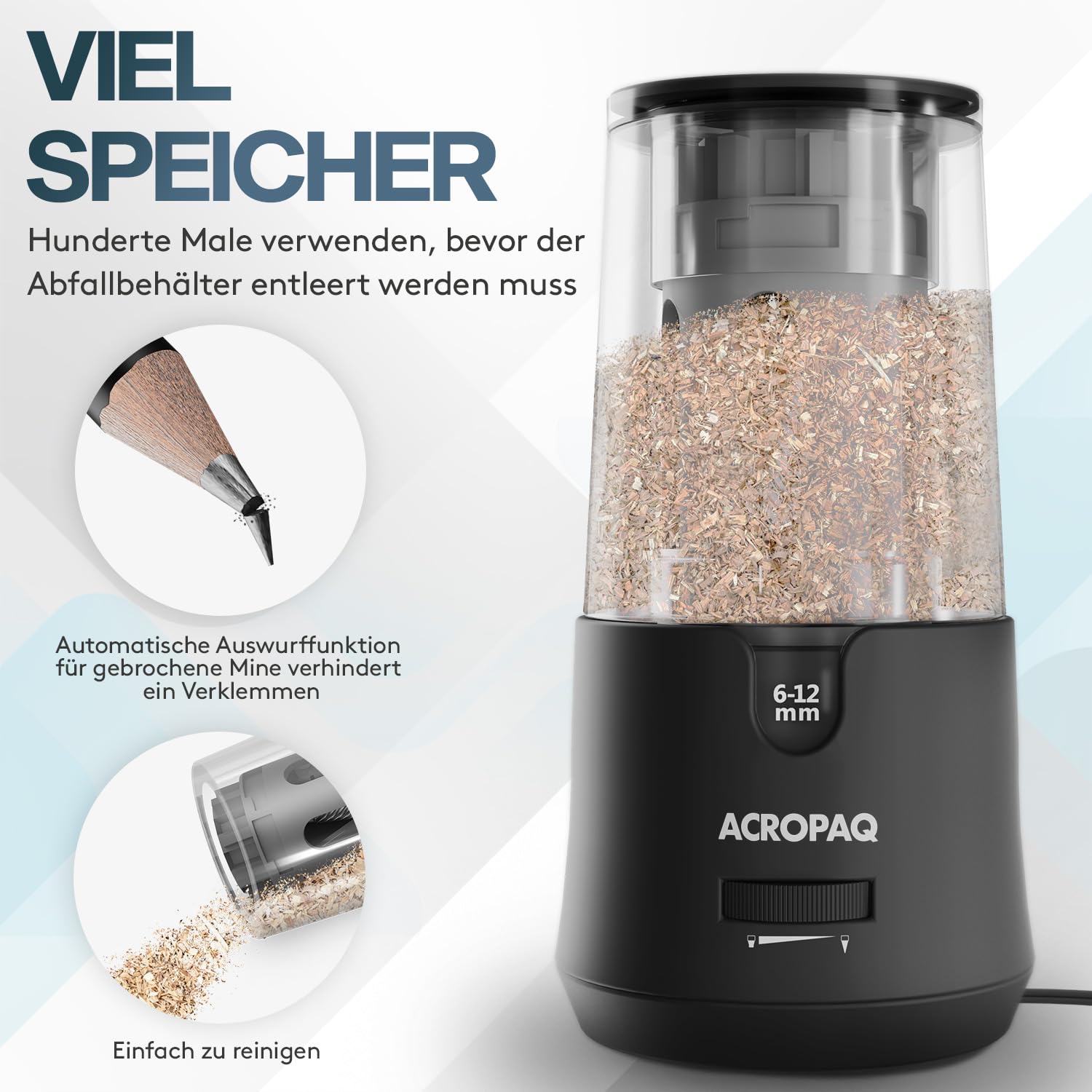 ACROPAQ Elektrischer Bleistiftspitzer für 6-12 mm Bleistifte, scharfe und stumpfe Spitze, feine Spitze in 3-5 Sekunden, Schwarz, Bleistiftspitzer mit Reservoir
