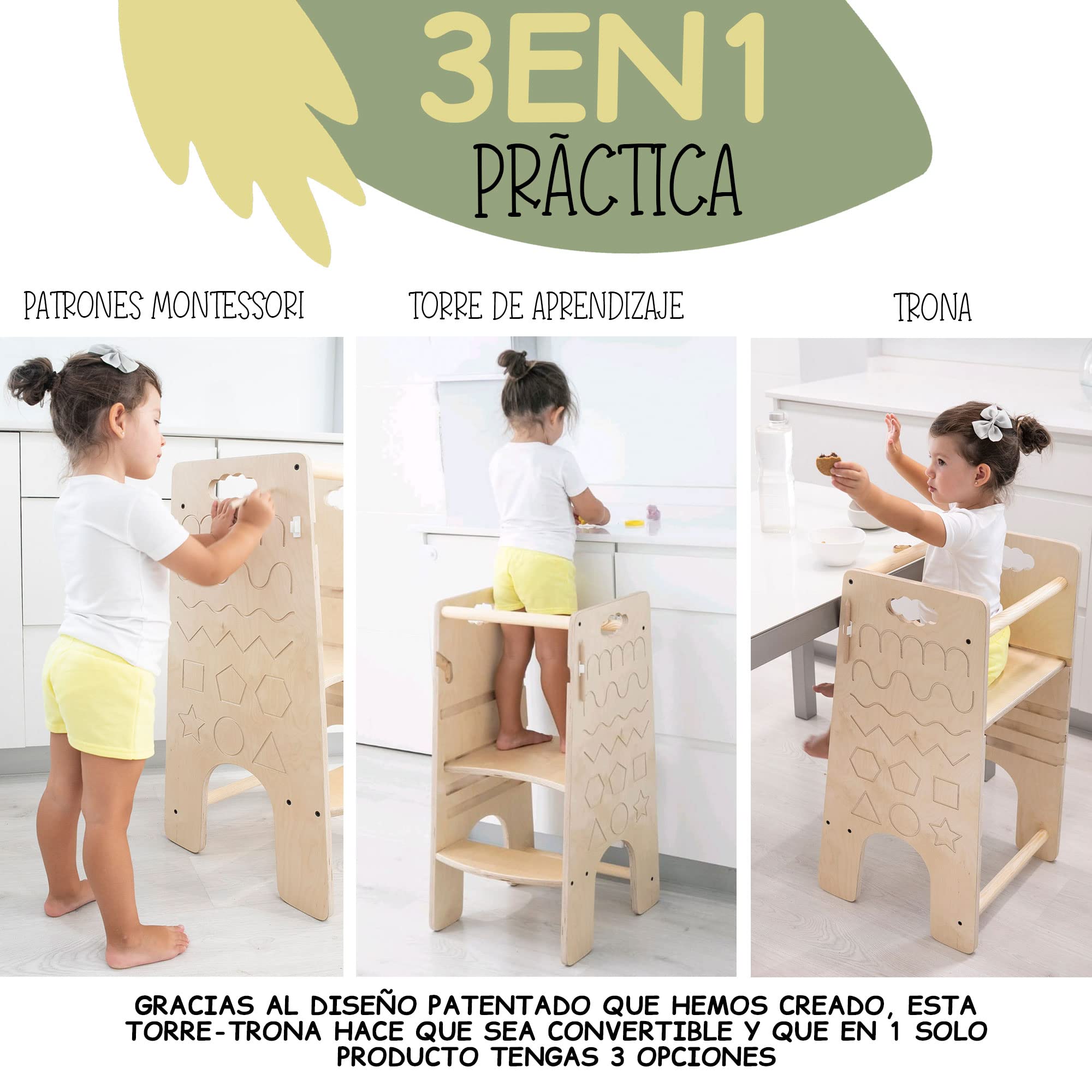 TWR ® Torre de aprendizaje evolutiva + trona bebe+ patrones Montessori (incluye lápiz de madera) 3 en 1- Torre de aprendizaje convertible en trona - 100% madera natural de alta calidad