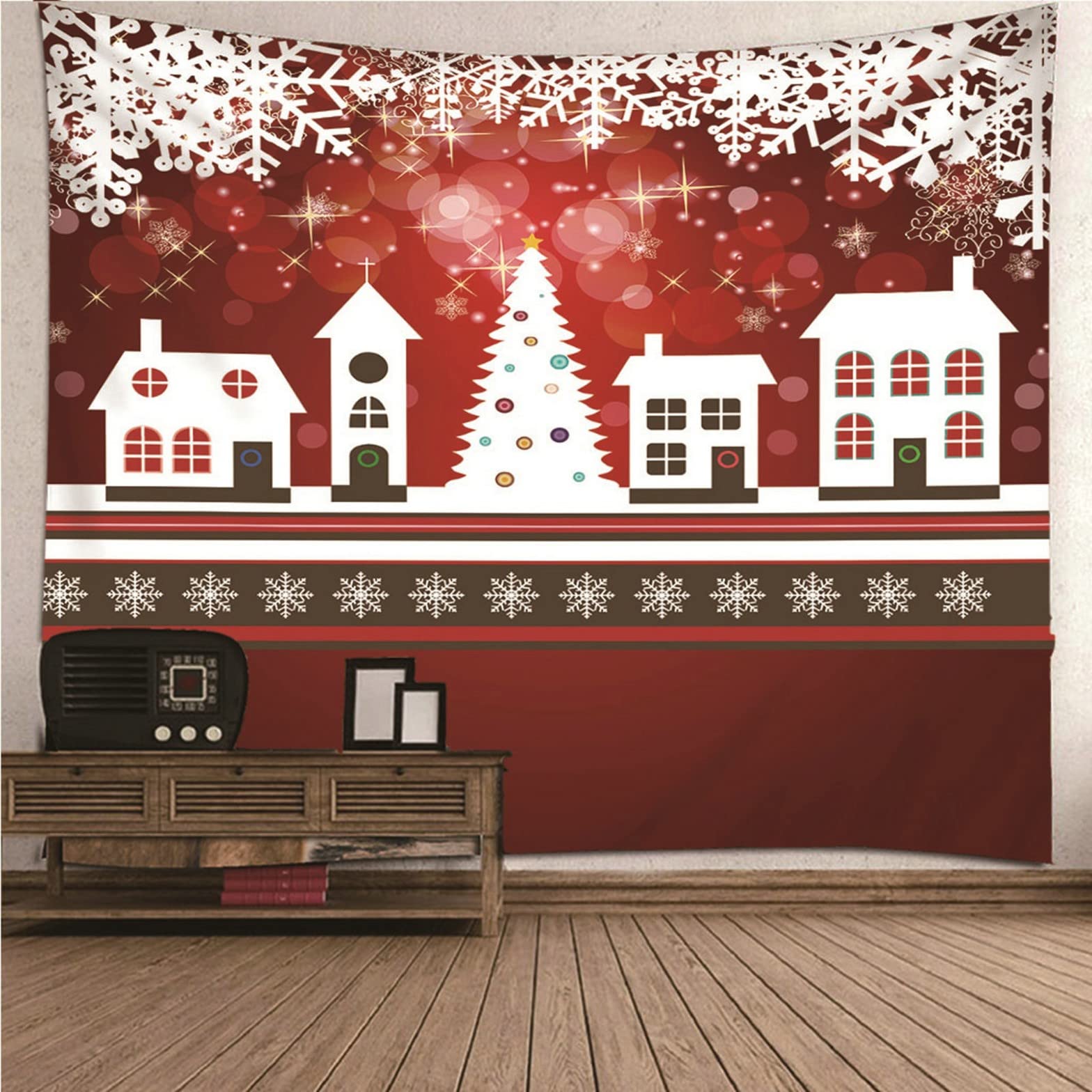 Ethereval Tapestry Funny Trippy Psychedelic Small Snowflakes And Houses Queen Nature Abstract White Red Wall Hangings Fabric Decorations 150x130cm