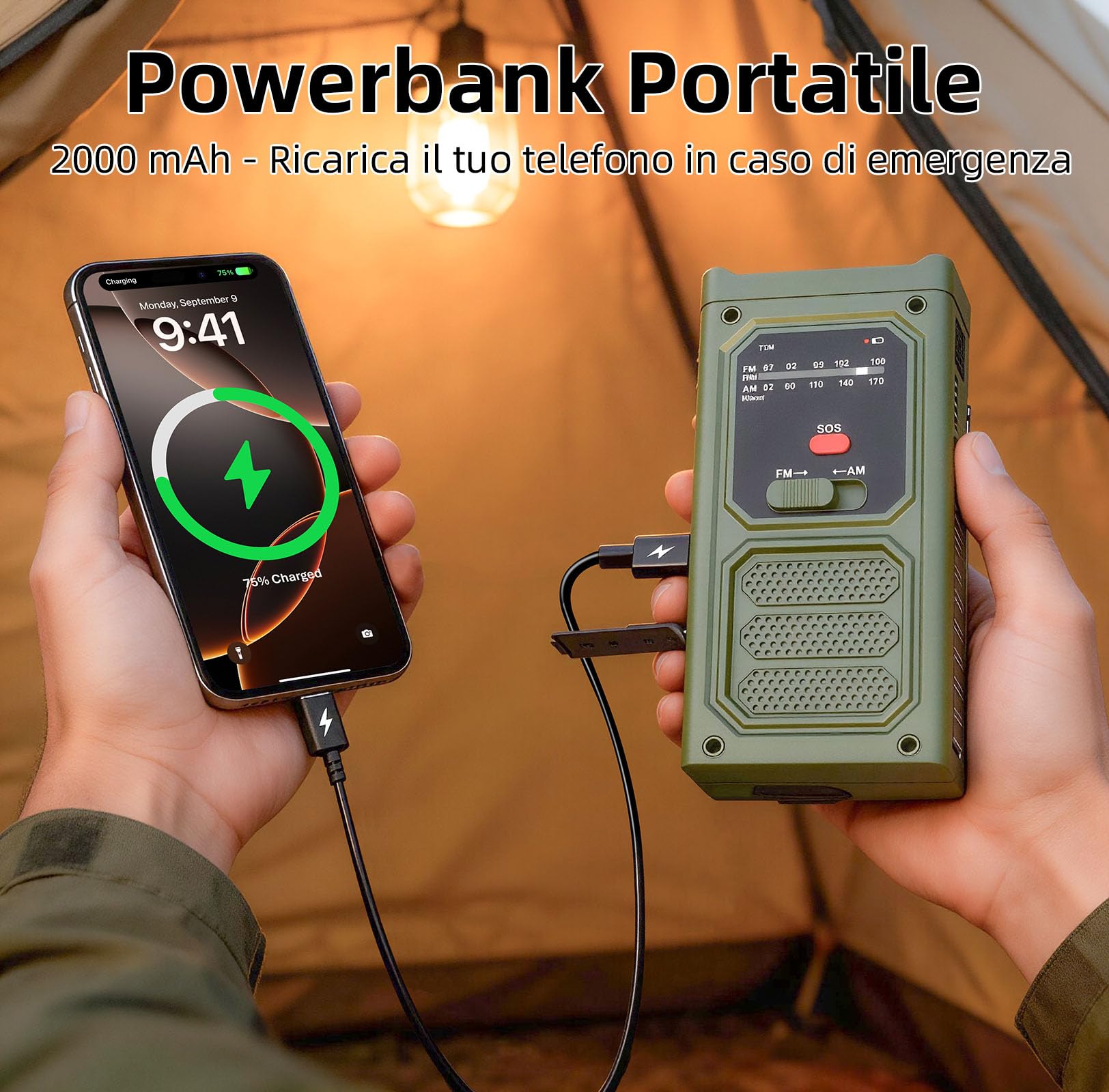 Radio Solaire d'Urgence AM/FM avec Lampe Torche LED, Alarme SOS, Recharge USB/Solaire/Manivelle, Batterie 2000mAh, Vert