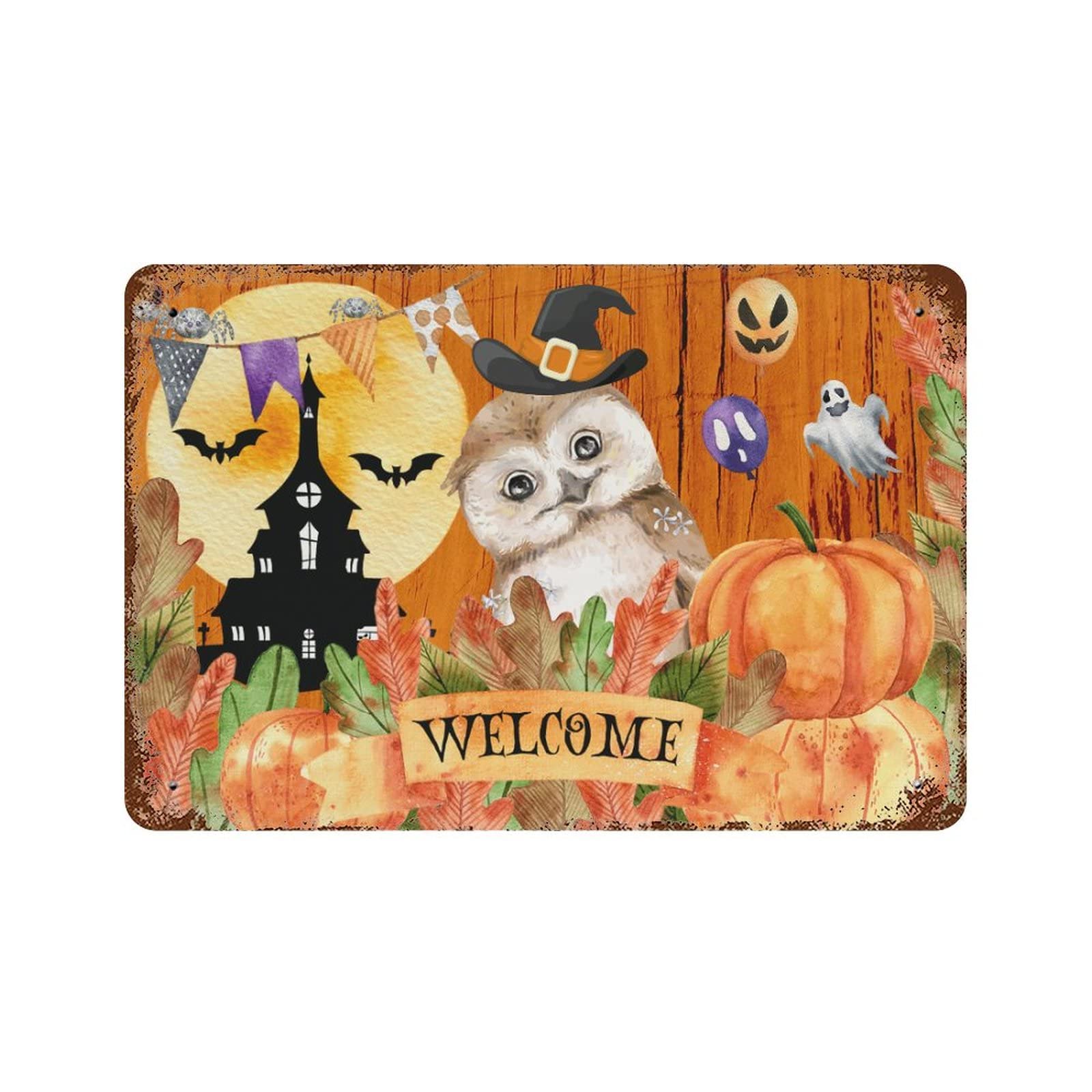 Panneau en étain Happy Halloween pancarte de décoration extérieure château nuit