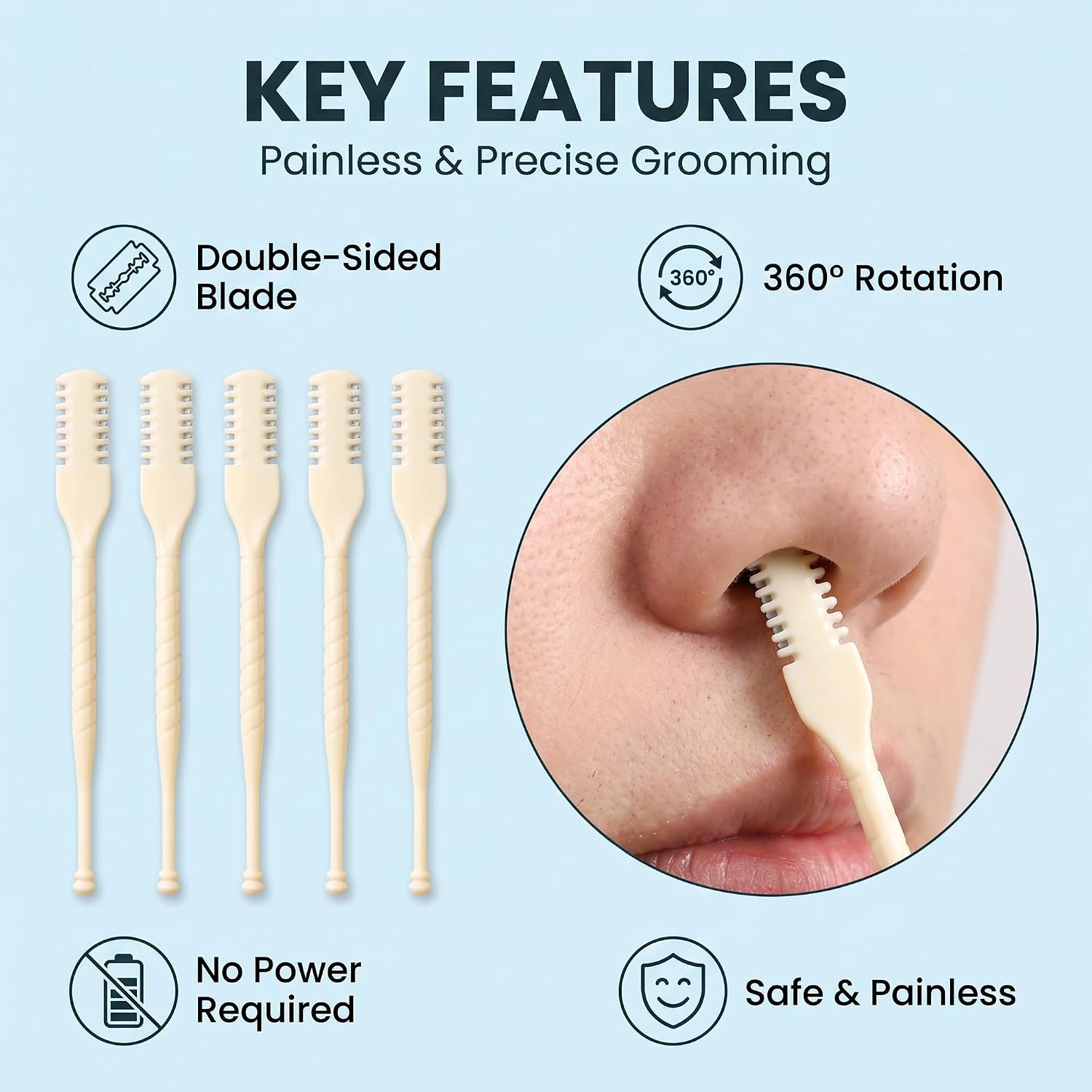 Manual Nose Hair Trimmer (5 Pack), Dual-Head Rotating Nasal Hair Cutter with Ear Picker, Painless Nostril Hair Remover Tool, Portable & Washable Grooming Kit for Men and Women (2 pack Beige)