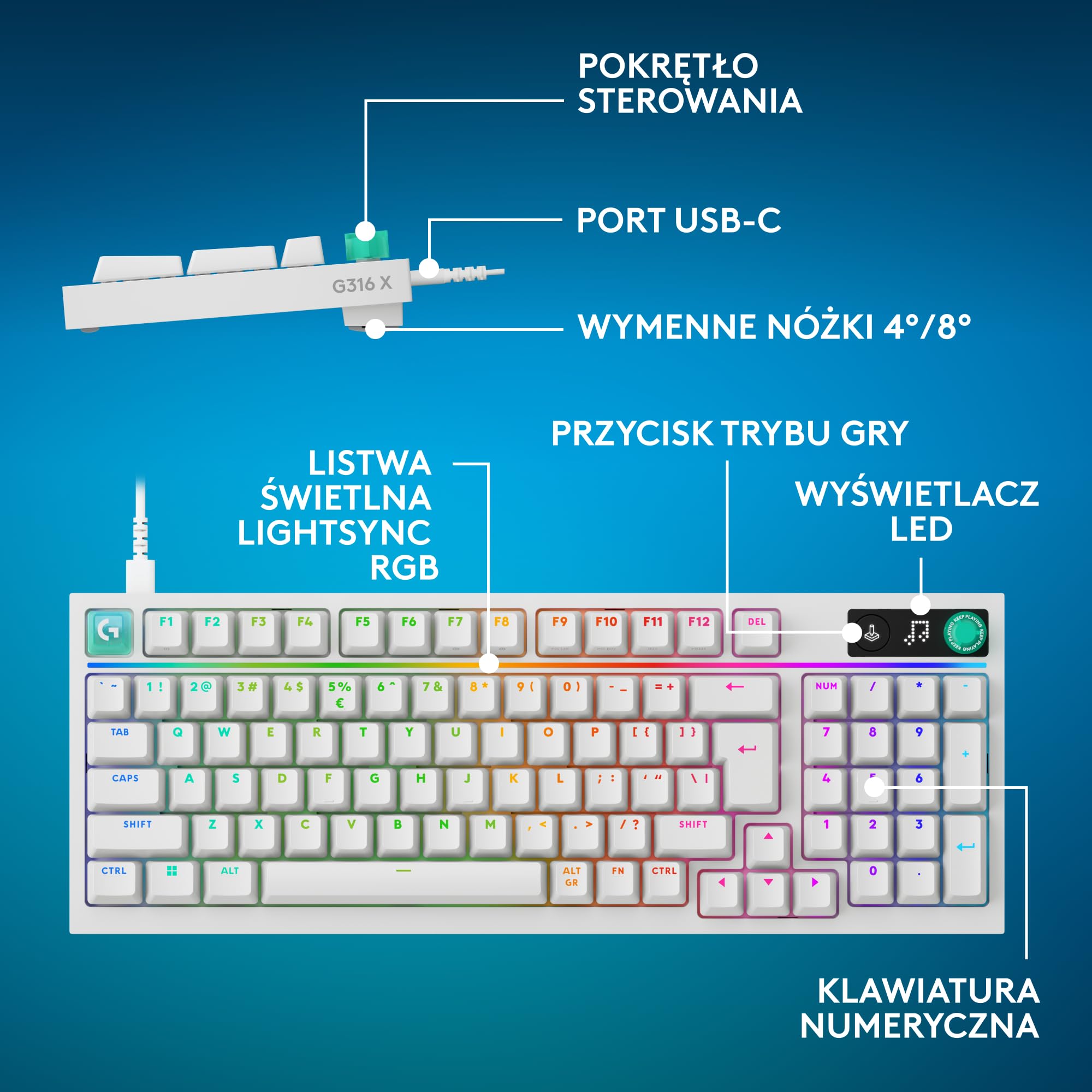 Logitech G G316 X 98, klawiatura do gier,8 kHz,wymienne sprężynujące przełączniki,konstrukcja uszczelkowa, US INT'L QWERTY+G305 X SUPERLIGHT bezprzewodowa mysz gamingowa,lekka 61 g ładowalna, PC-Biały