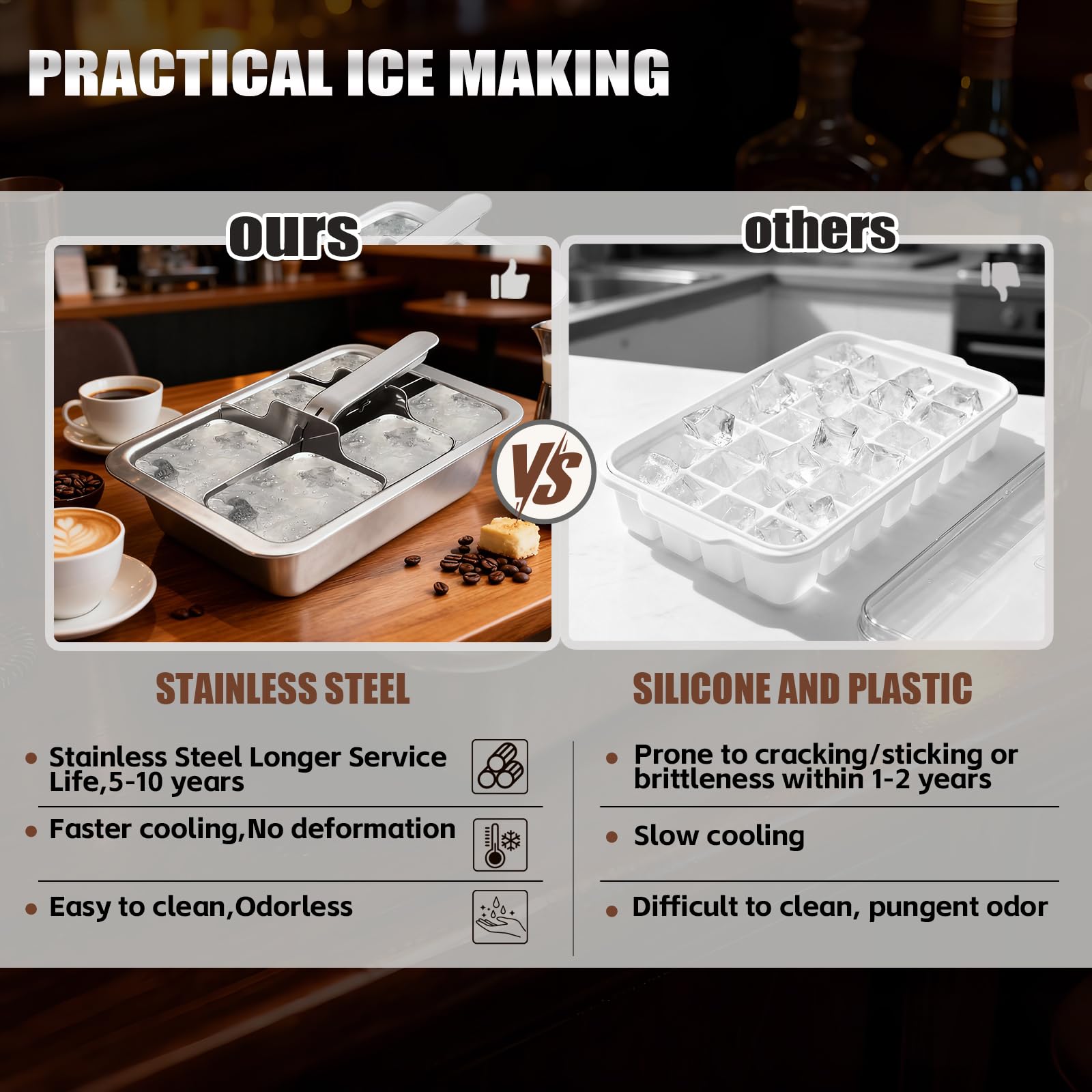 Bandejas de cubitos de hielo de acero inoxidable con palanca, 6 moldes grandes para whisky y cócteles, bandeja profesional de metal resistente para congelador, no tóxica y fácil liberación