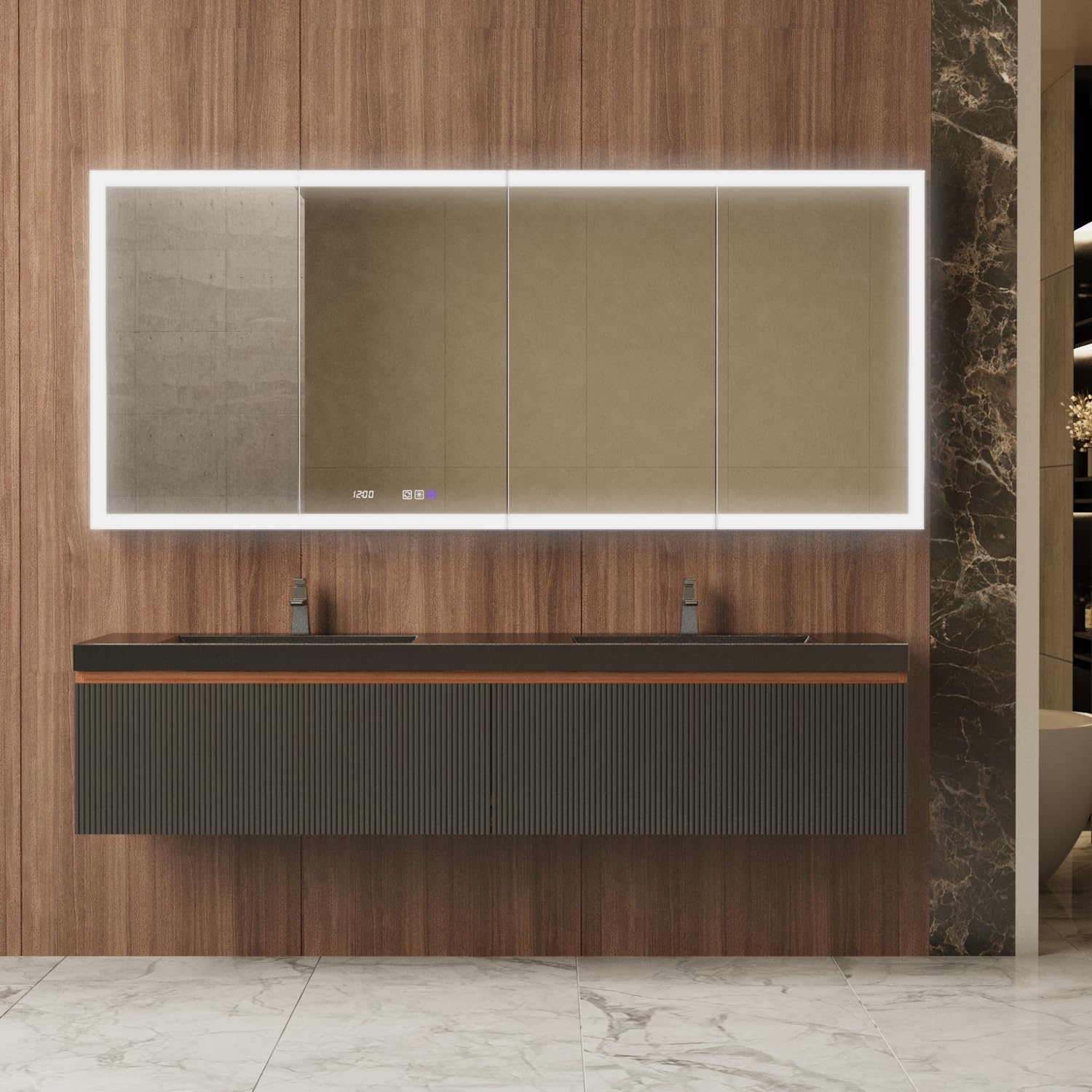 Botiquín inteligente iluminado con espejo, colores regulables continuos, bisagras de 110°, antivaho, luz de sensor, salida de 1800 W y USB, acabado de aluminio cepillado