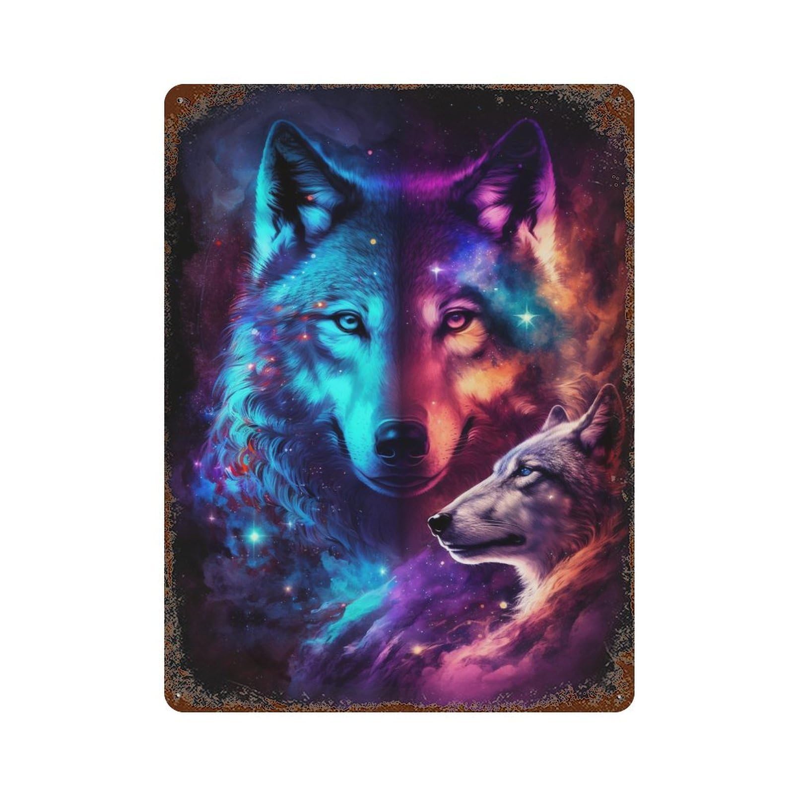 Decorative Tin Sign with Cosmic Wolf Trio Art Print-2 Design 15.7"x11.8", for Basement, Hobby Room And Garage Decor, Farmhouse Wall Decor