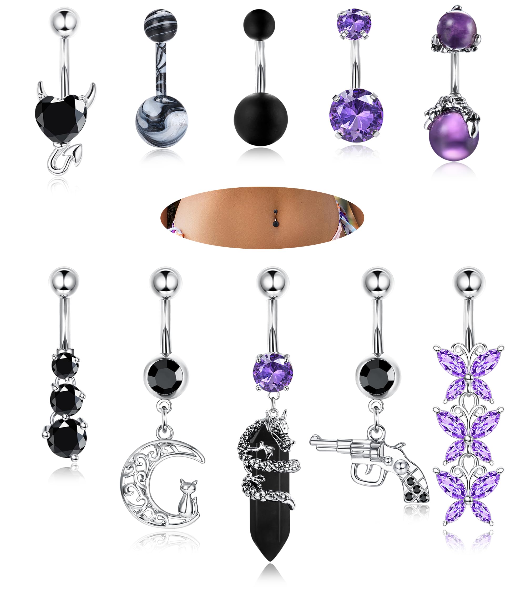Adramata 10 Pcs 14G Piercing Ombligo Acero Quirurgico Corazón Mariposa Hipoalergénica Piercing Ombligo Aro Rosa Púrpura Azul Piercing Ombligo Colgante Corporal Piercing para Mujer Verano PlayaMujer
