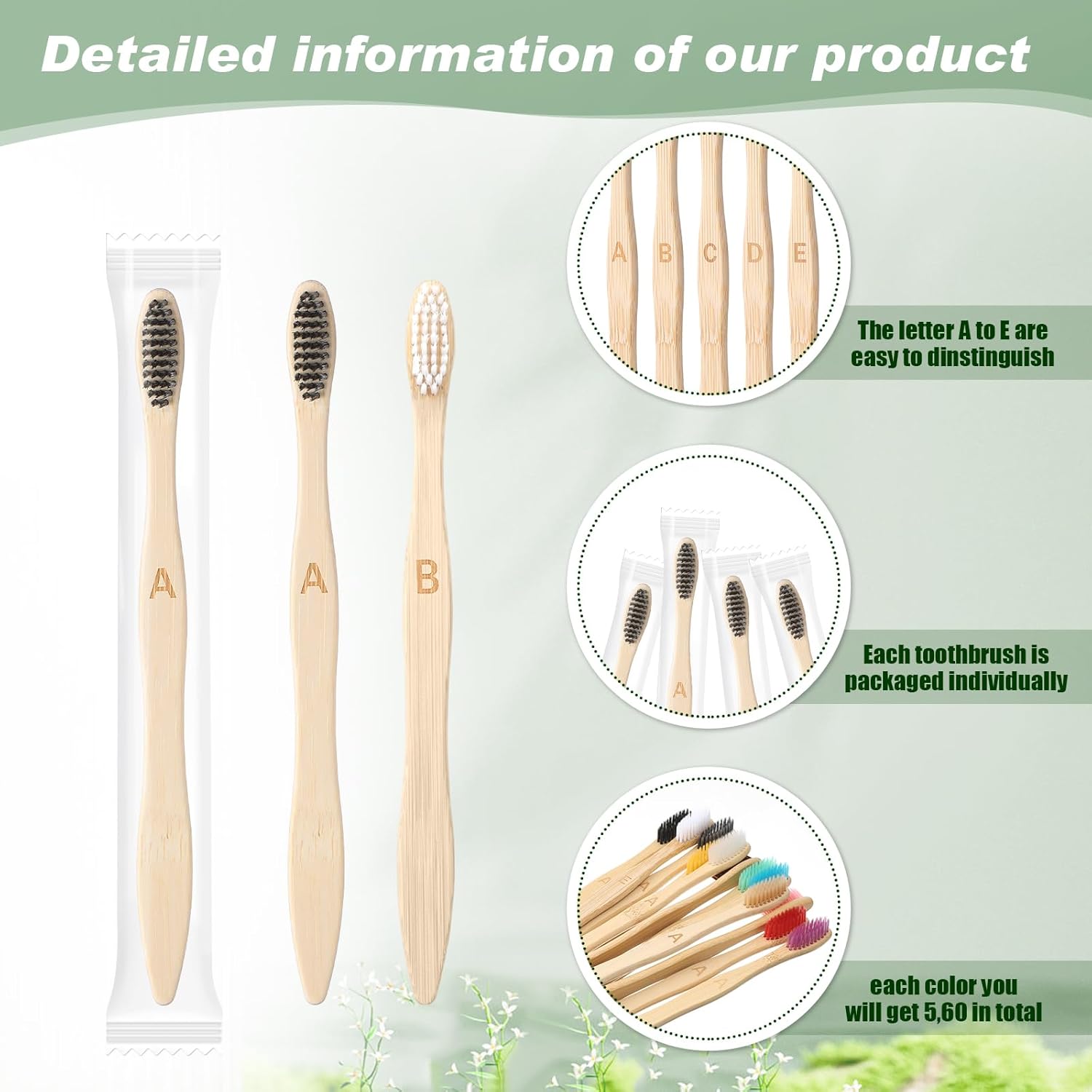 Sieral 120 Pcs Bamboo Toothbrushes Bulk Soft Bristle Individually Wrapped Travel Toothbrush Natural Wooden Tooth Brush for Homeless Kid Adult Home Travel Use, 7.5 Inch, 12 Colors (Letter)