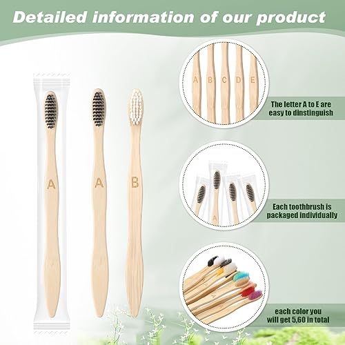 Miniatura 5 de 120 cepillos de dientes de bambú a granel de cerdas suaves, cepillo de dientes desechable de madera, cepillo de dientes de viaje de carbón de bambú