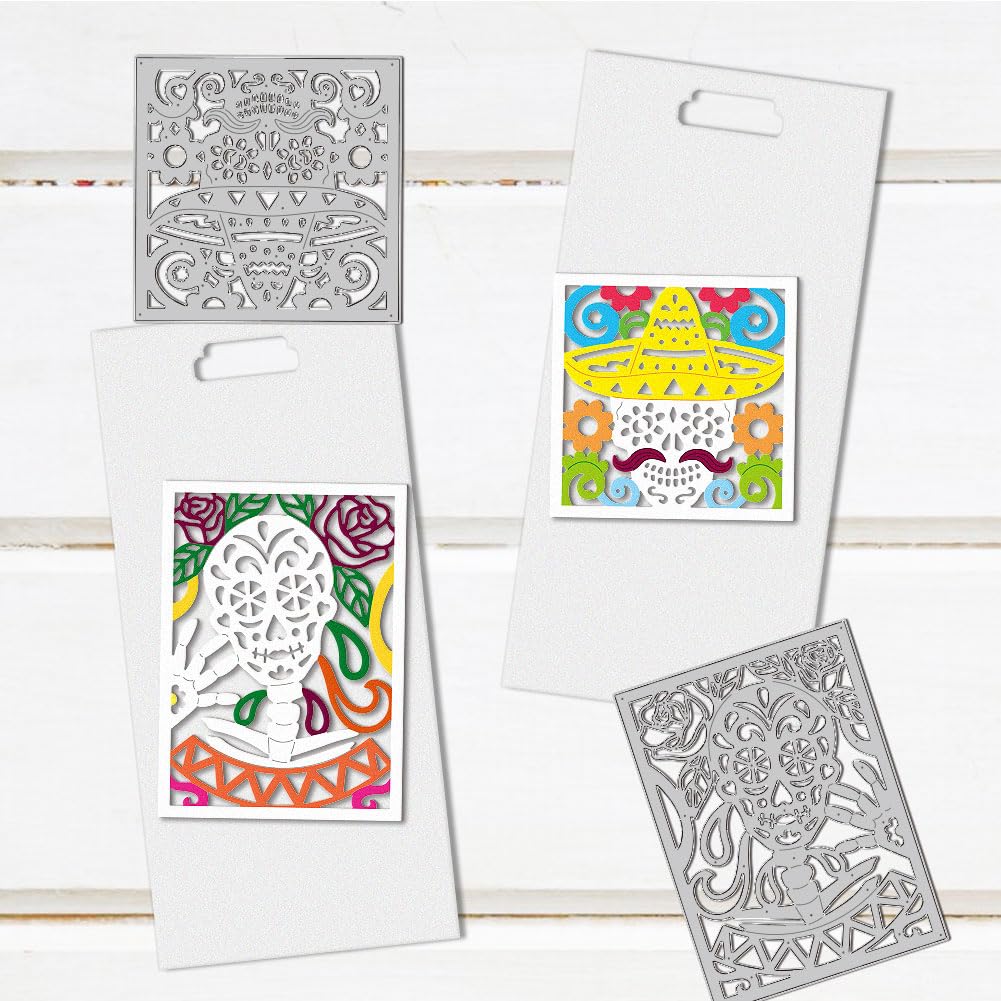 DELORIGIN Day of The Dead Skull Die Cuts for Card Making, Carbon Steel Die Cuts Skeleton Background Frame Stencils Scrapbooking Embossing Template Dies for Halloween Crafting DIY Photo Album Paper - Image 4