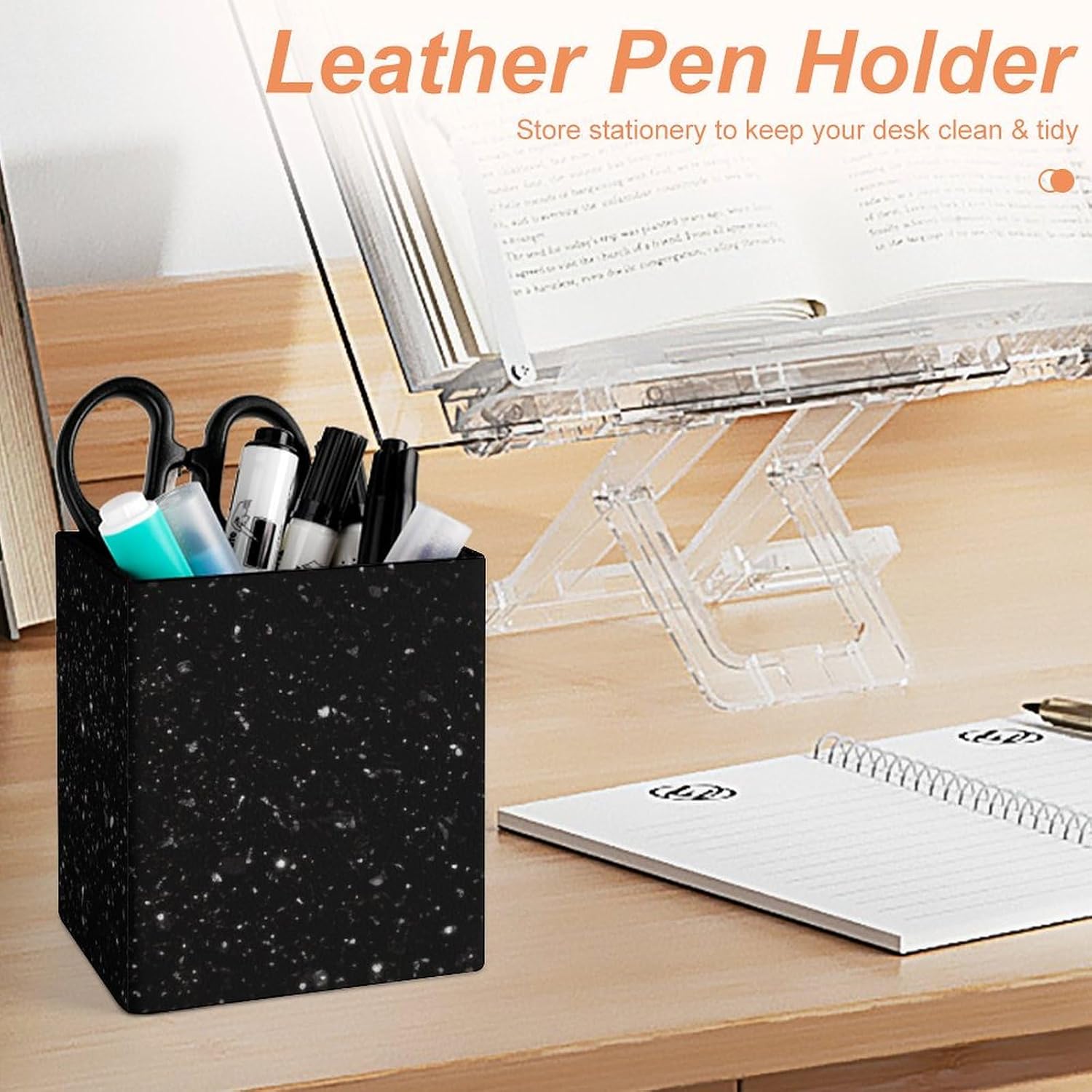 Black Glitter Leather Pen Holder Desk, Pencil Cup Makeup Brush Holder Desktop Organizer Storage Case Stationery for Home Office Supplies image 4