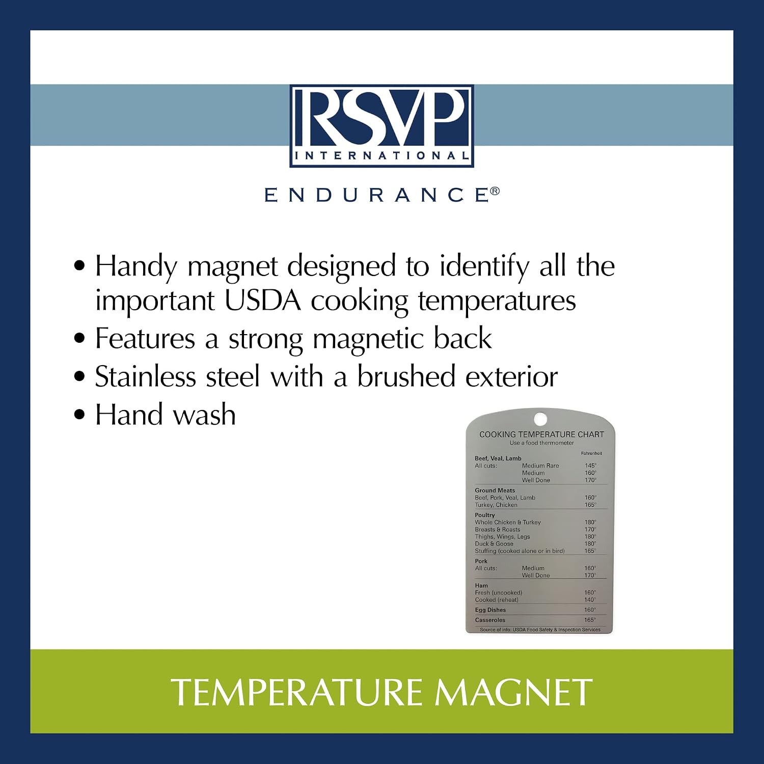 RSVP International Endurance Magnet Collection Stainless Steel, Temperature Chart, 3.75x5.5