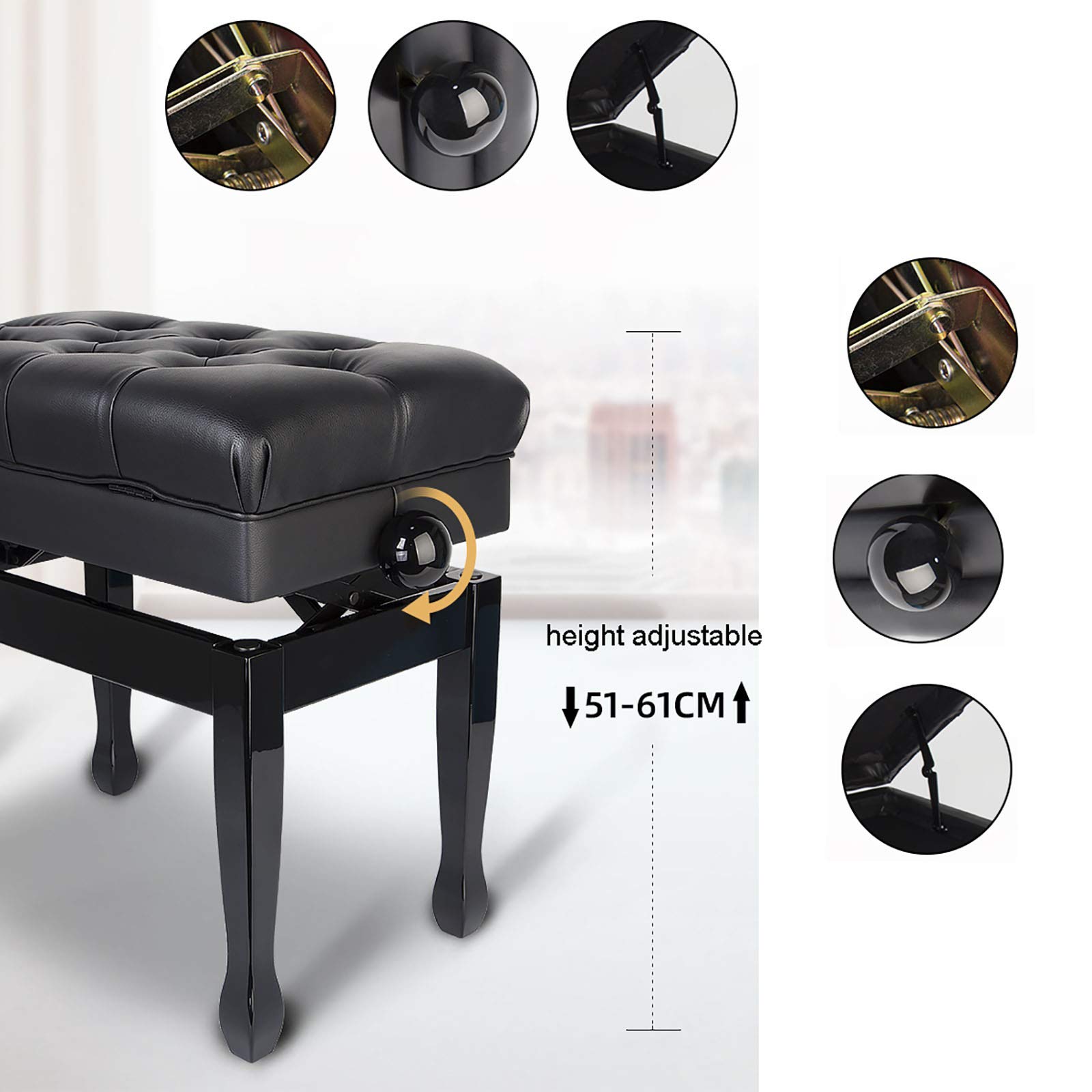 Klavierhocker, höhenverstellbar, Deluxe-Einzel-Klavierhocker, Aufbewahrungsfach-Design für Musikbücher, praktisch und funktional (schwarz)