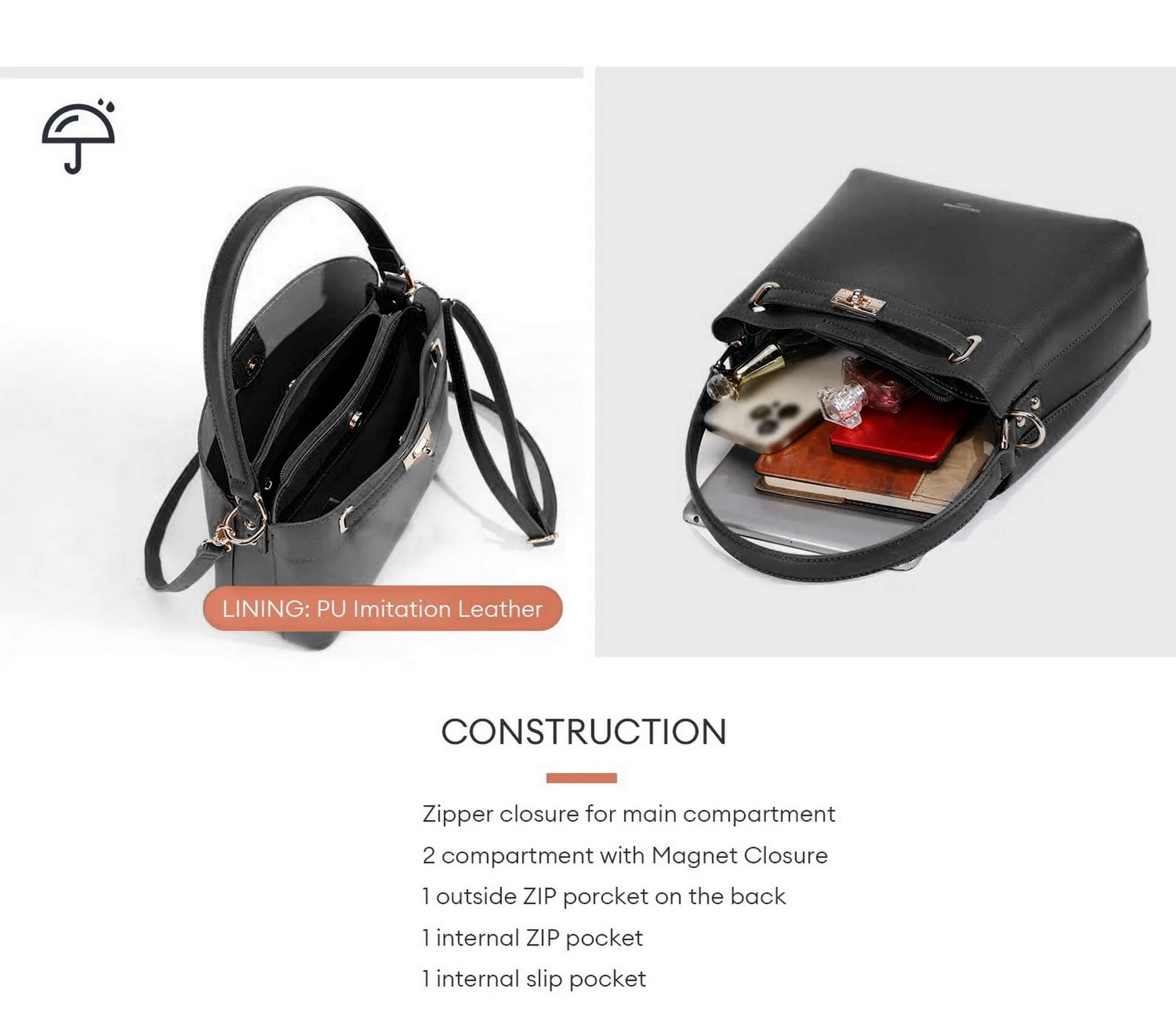 David Jones - Borsa a Mano Secchio Indossato a Spalla - Borsa a tracolla di medie dimensioni - 3 scomparti multitasche - Elegante classico chic città alla moda Designer Bucket Bag