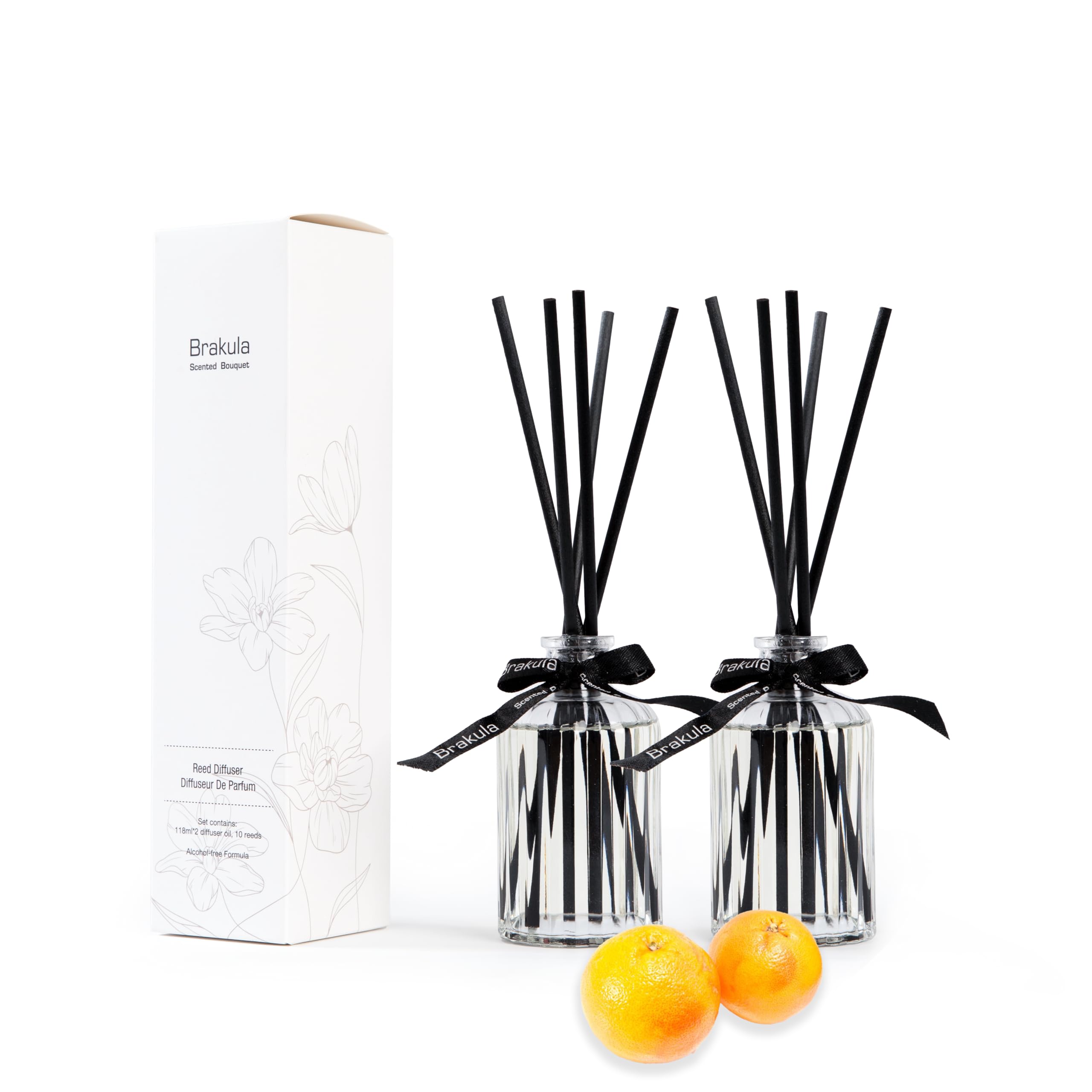 Brakula 2 Pack Fragrance Reed Diffuser, 118ML Grapefruit Diffuser Set with 10 Black Fiber Sticks, Air Freshener for Bedroom & Bathroom & Office Decor