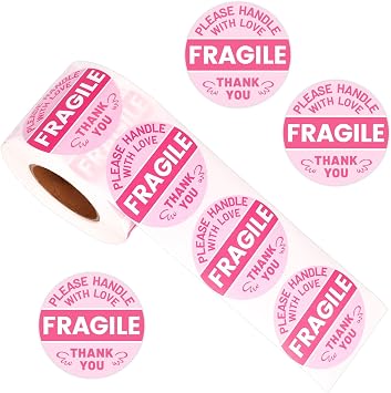 500pcs Fragile Stickers for Shipping, 2 Inch Round Handle with Love Thank You Labels Cute Pink Fragile Stickers for Packing Boxes Moving Glassware & Breakable Items