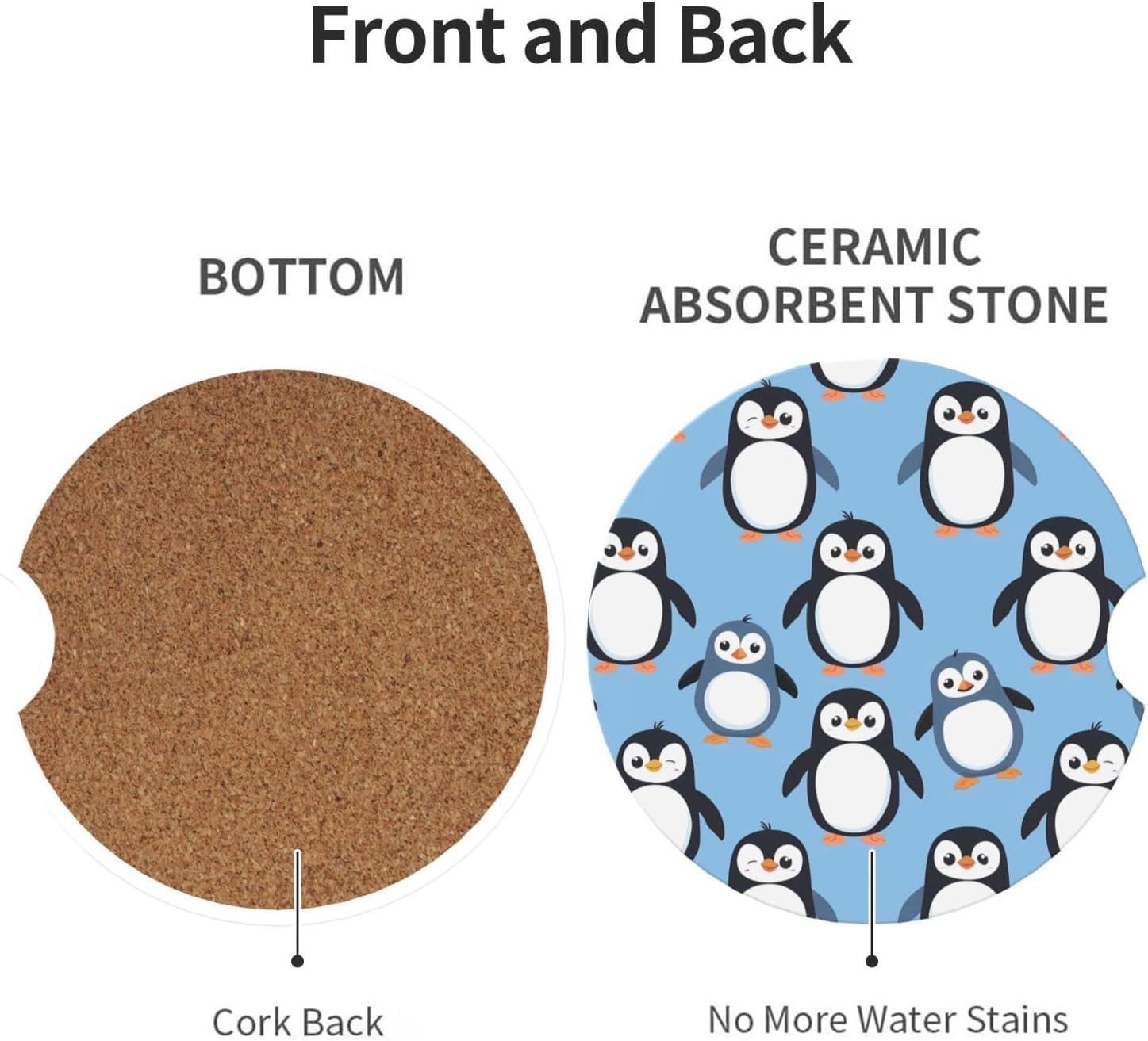 2 Pack Cartoon Penguins Car Cup Holder Coasters, 2.56 Inch Anti Slip Ceramic Absorbent Coaster with Cork Base and Finger Notch Car Accessories Interior for Women Men