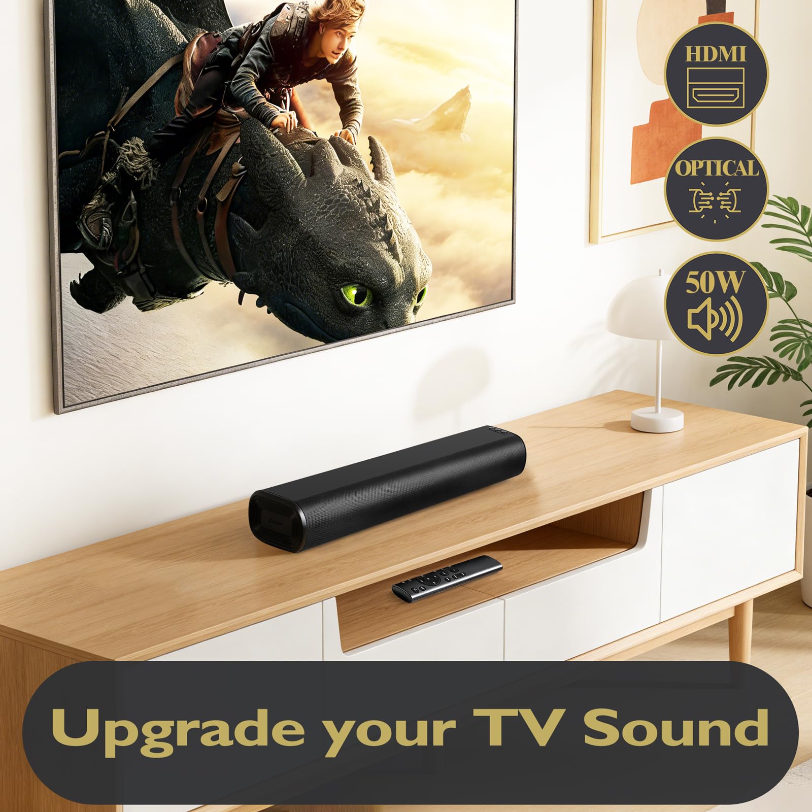 LEMEGA Edge X 2.0 - Barra de sonido para TV con HDMI ARC, altavoz potente de 50 W RMS, transmisión Bluetooth, óptica, AUX y USB, barra de sonido compacta de montaje en pared para juegos y más