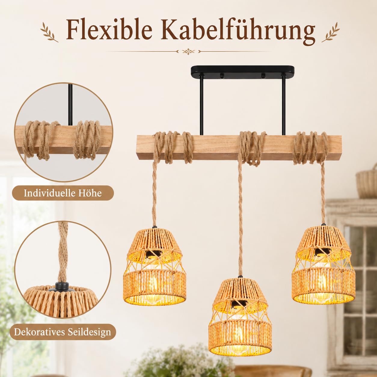Pendelleuchte Esstisch Rattan 3-Flammig E27, Hängelampe Holz Boho Einstellbarer Winkel, Deckenlampe Boho Vintage Esstischlampe Hängend für Kücheninsel Wohnzimmer Esszimmer Landhausstil