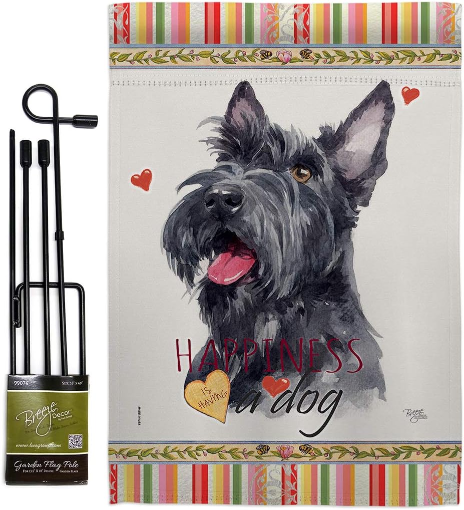 Scottish Terrier Happiness Garden Flag Set with Stand Animals Dog Puppy Spoiled Paw Canine Fur Pet Nature Farm Animal Creature Small Gift Yard House Banner Made In USA 13 X 18.5