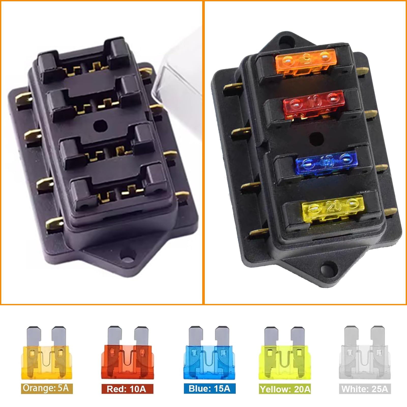 4-Way Portafusibili con 10 Fusibili a Lama Standard (5A 10A 15A 20A 25A) Scatola Porta Fusibile Standard per Auto, Barca, Camper, Camion, Yacht - 4