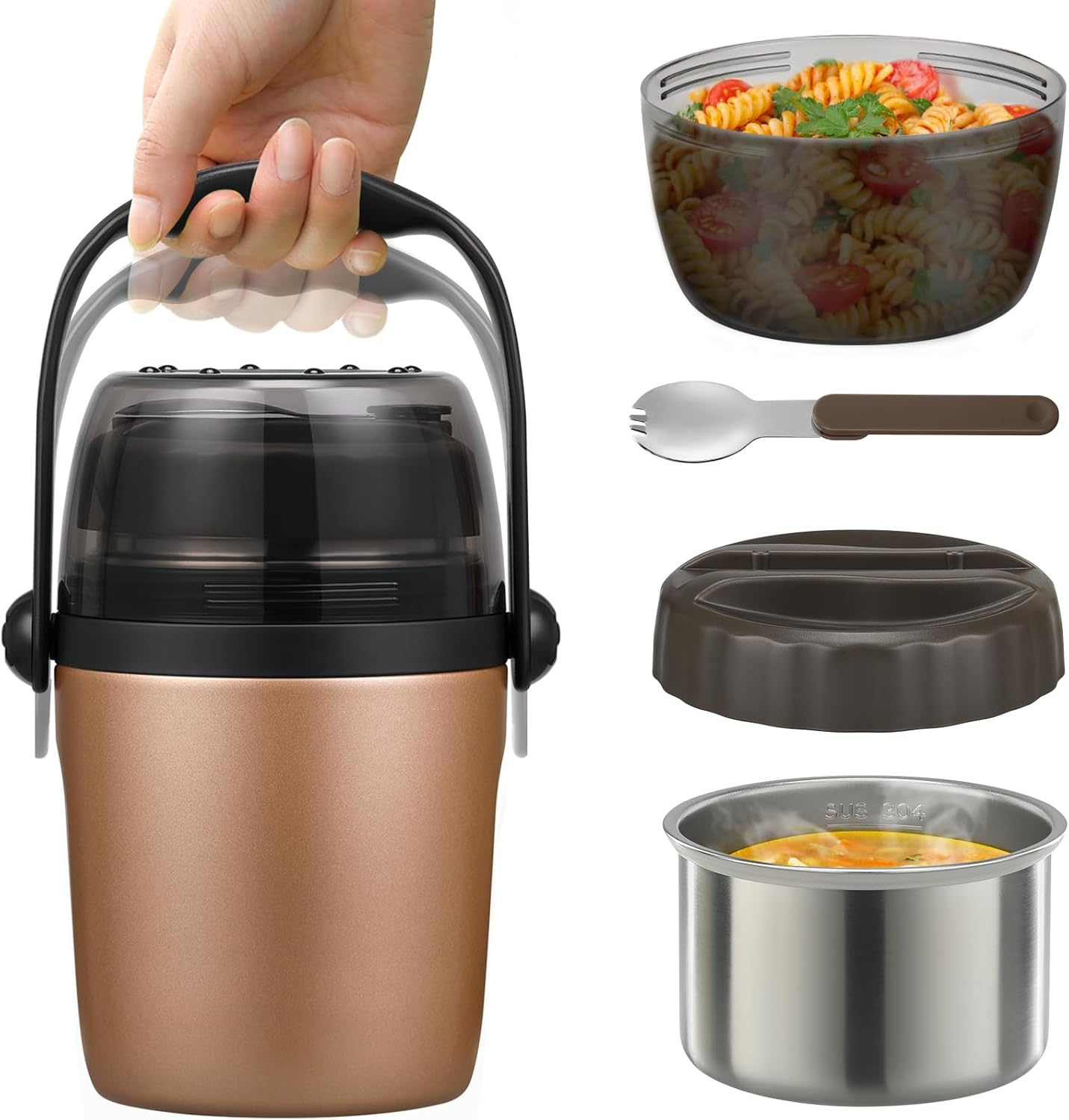 Soup Thermo for Hot Food Adults & Kids 32oz Lunch Containers Wide Mouth, Insulated Food Jar 100% Leak-Proof Double-Layer Stainless Steel Lunch Box with Spoon BPA Free (Golden)