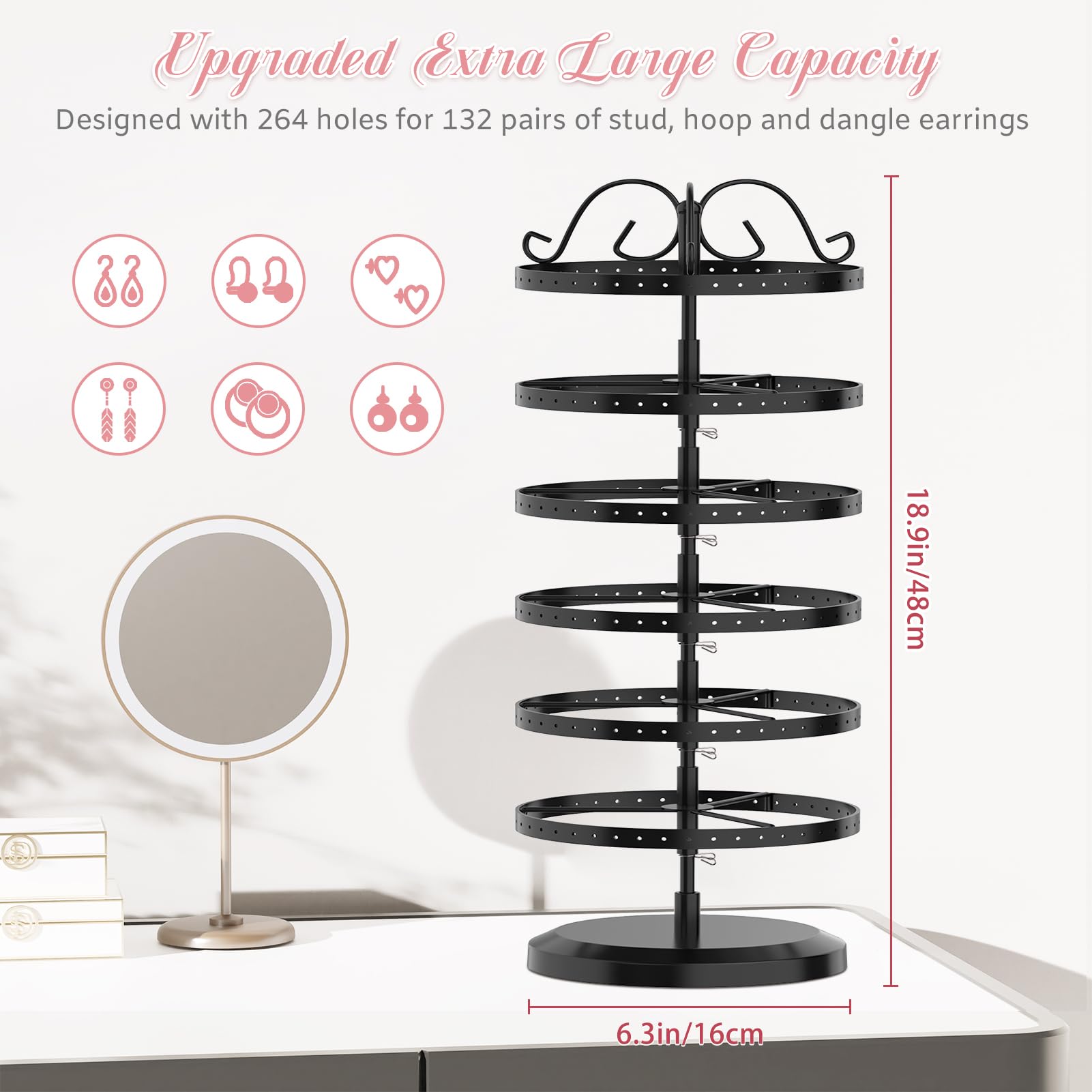 MODOWEY 6 Tier Rotating Metal Earring Holder Organizer Stand Adjustable Display Tree for Women, 264 Holes Large Storage Rack for Stud Post Dangling Hoop, Keep Earrings Neatly Arranged(Black)