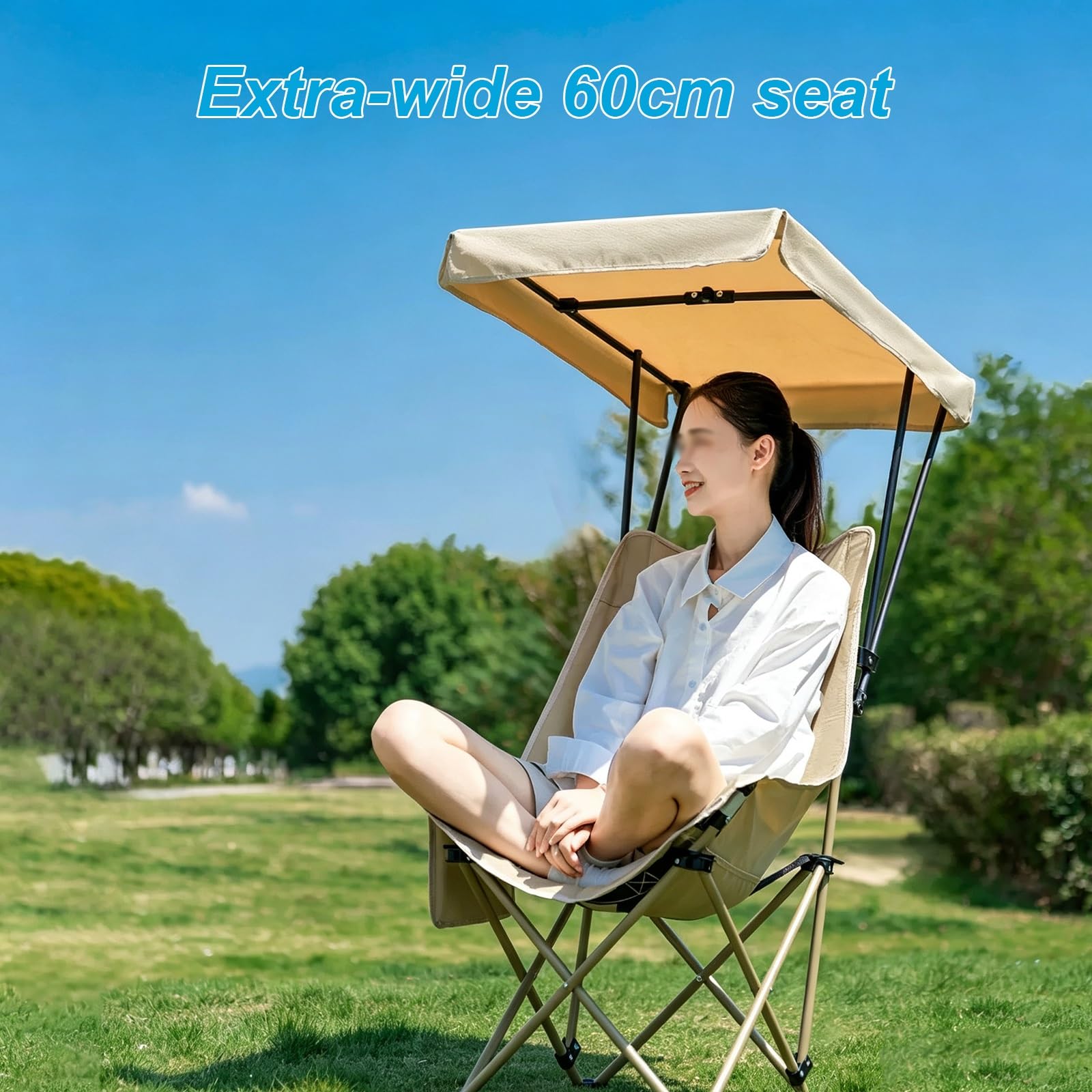 Przenośne Składane Krzesło, Ergonomiczne Krzesło Kempingowe z Daszkiem, 45°, Tkanina Oxford 600D, 6-poziomowy, Wytrzymały Stelaż ze Stali Węglowej, Zdejmowana Konstrukcja
