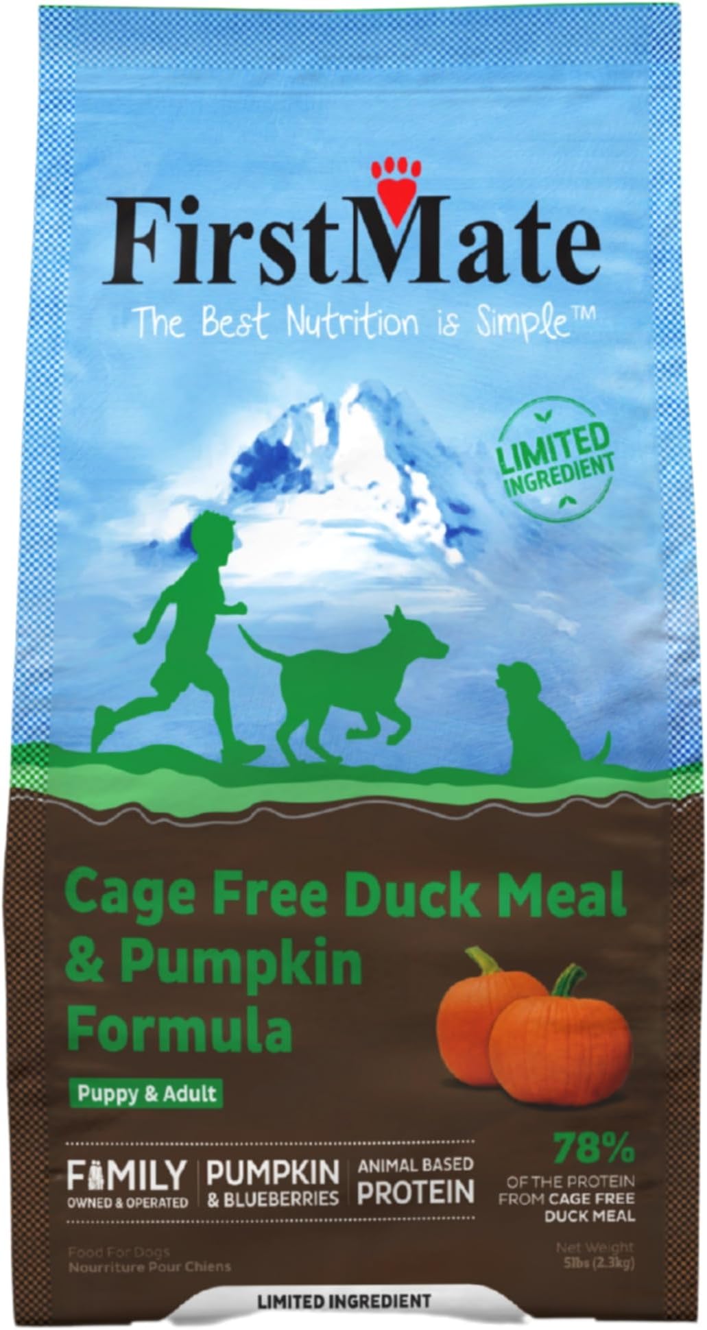 FirstMate Pet Foods Dry Dog Food – Limited Ingredient Cage-Free Duck Meal & Pumpkin Formula – Grain Free Pea Free Novel Protein Recipe for Sensitive Dogs – 5 lb Bag