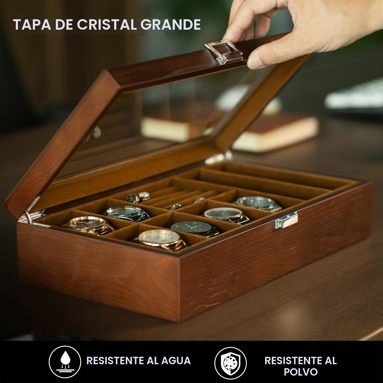 Slege Caja Relojes de Madera,con 6 Compartimentos,Joyero Organizador de Relojes,Caja de Reloj y Gafas de Sol,Expositor Gafas,Cubierta de Vidrio,para Anillo,Pendientes,Gemelos,Regalos Hombre y Mujer